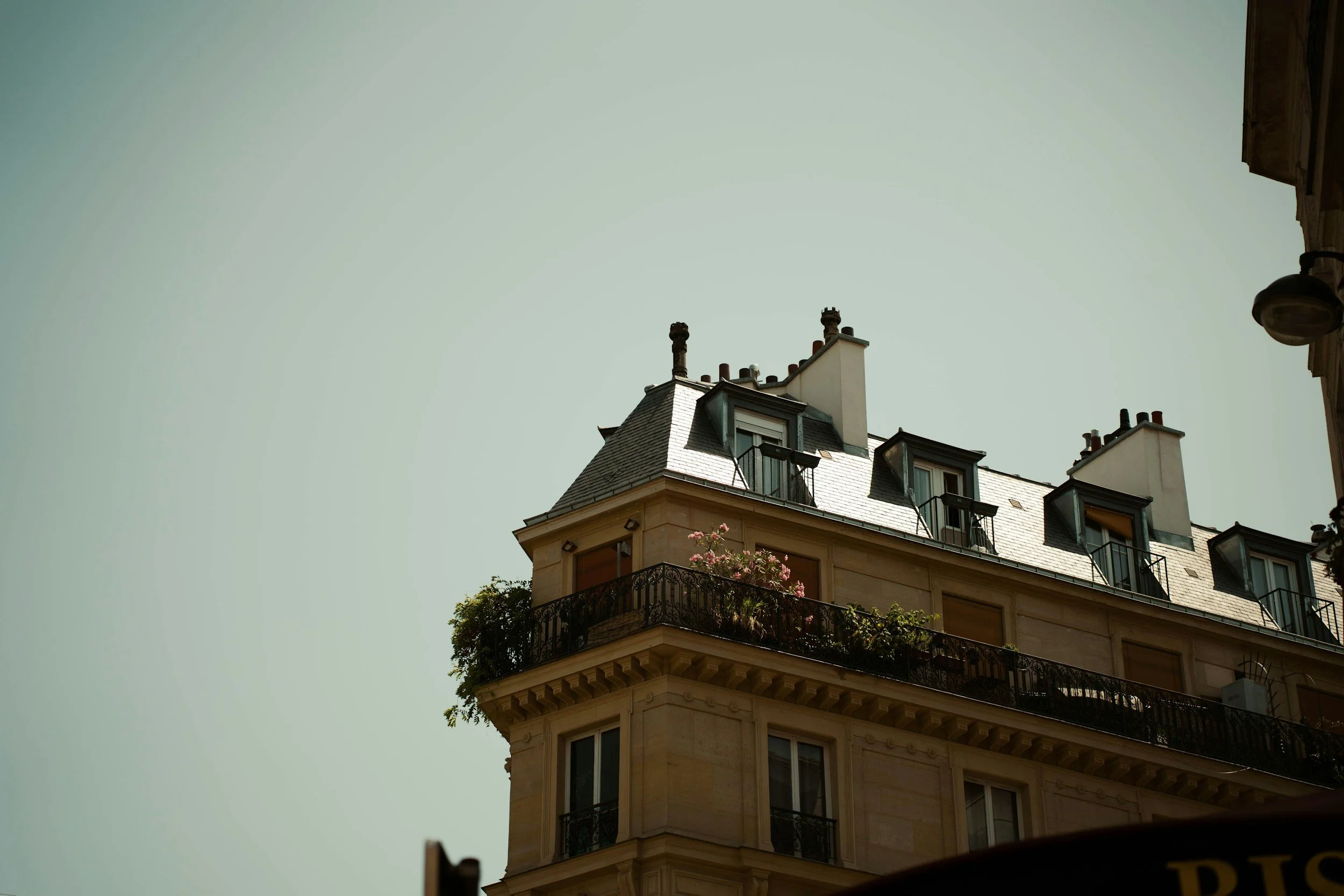 Parisian stone apartment with mansard roof, dormer windows and iron balcony with flowering plants against pale sky