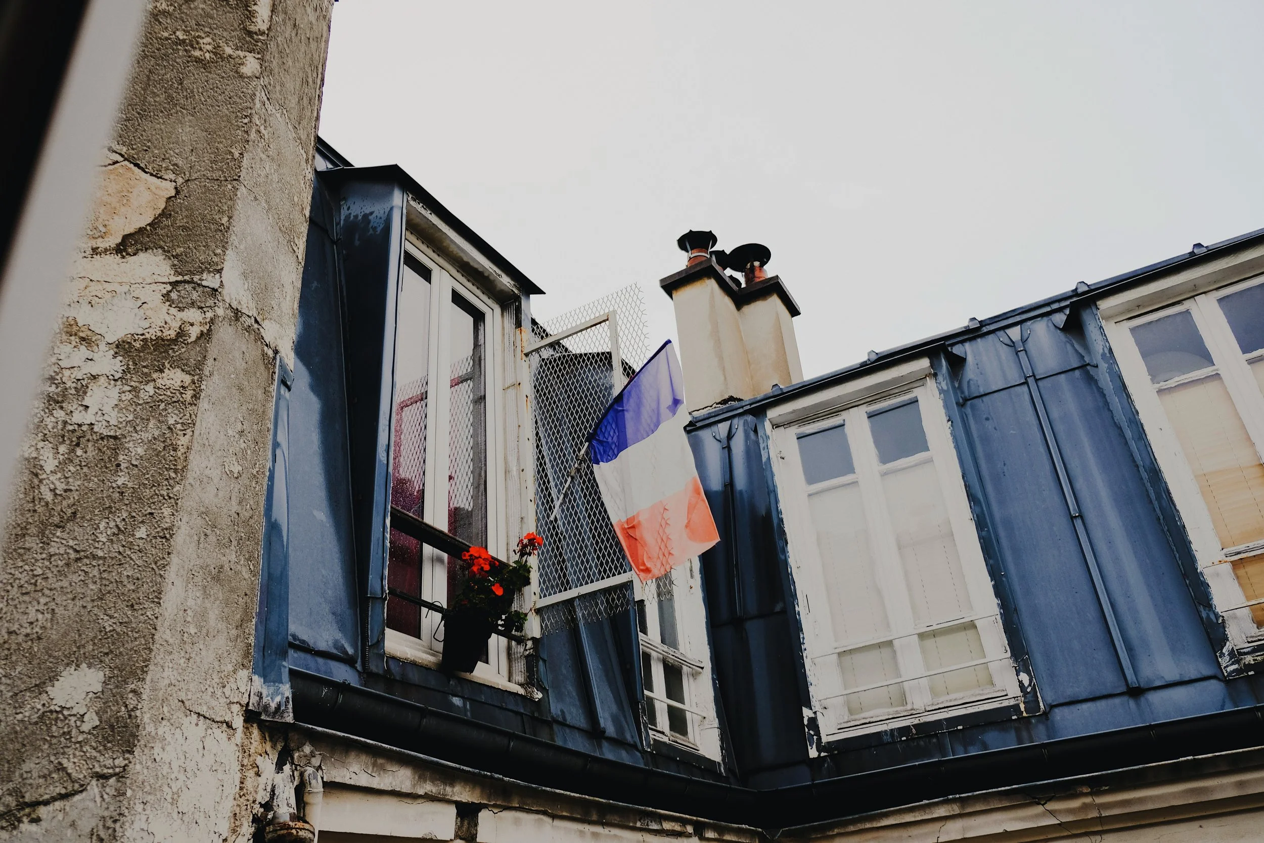 A French tricolore flag hanging from a Parisian building facade, with a window box of red flowers and zinc chimney pots above