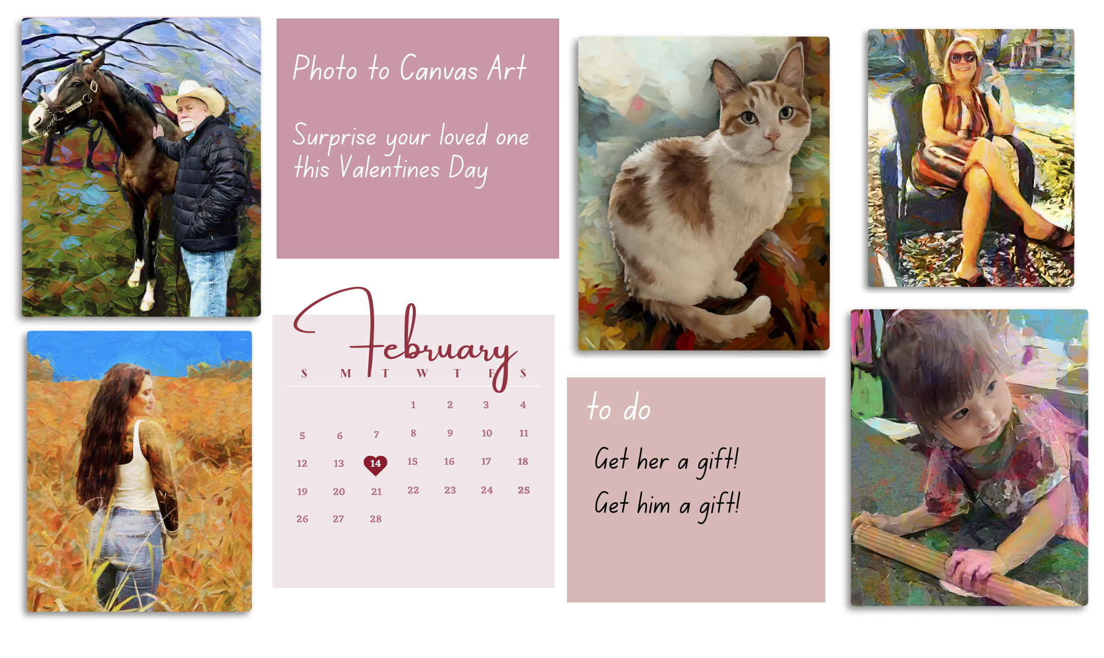 A digital collage with various photos of people, animals, and nature, including a man with a horse, a woman in a field, a woman sitting outdoors, and a young child playing with a paper tube. The collage features a February calendar with the 14th marked, and text encouraging giving gifts for Valentine's Day, with sections titled "Photo to Canvas Art" and "to do" listing "Get her a gift!" and "Get him a gift!".