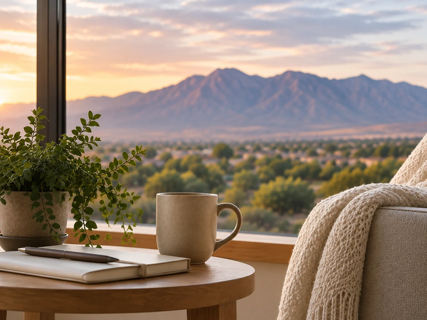 Peaceful counseling space with a journal, coffee mug, and mountain view in Rio Rancho, New Mexico, representing healing, reflection, and compassionate therapy.