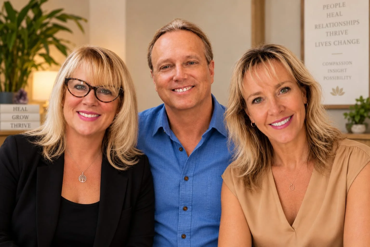 Professional group photo of the Counseling Solutions therapy team in Rio Rancho, New Mexico, featuring Angela Zaffer, Steve Zaffer, and Trisha Witter