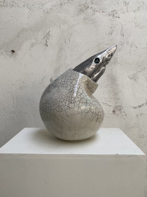 Squalo; Alluminio, ceramica raku, e vetro; 45 x 30 cm; 2024