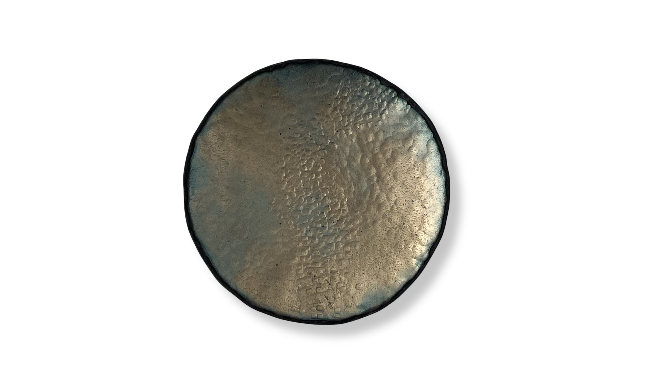 Close-up of the top of a dried mushroom with a textured, beige surface and dark edges on a plain white background.