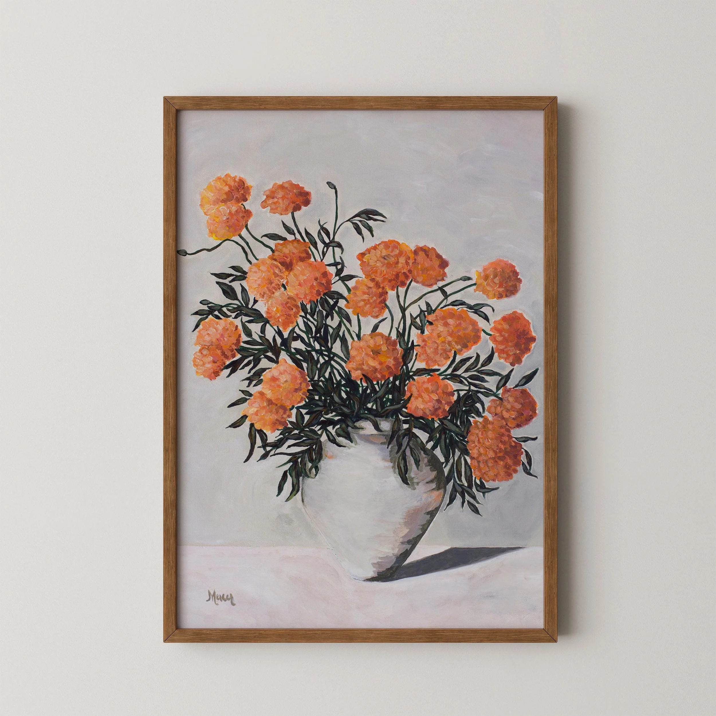 Marigolds Giclée Fine Art Print - Clean Neutral Floral in Ceramic Pot by Becca Mercer
