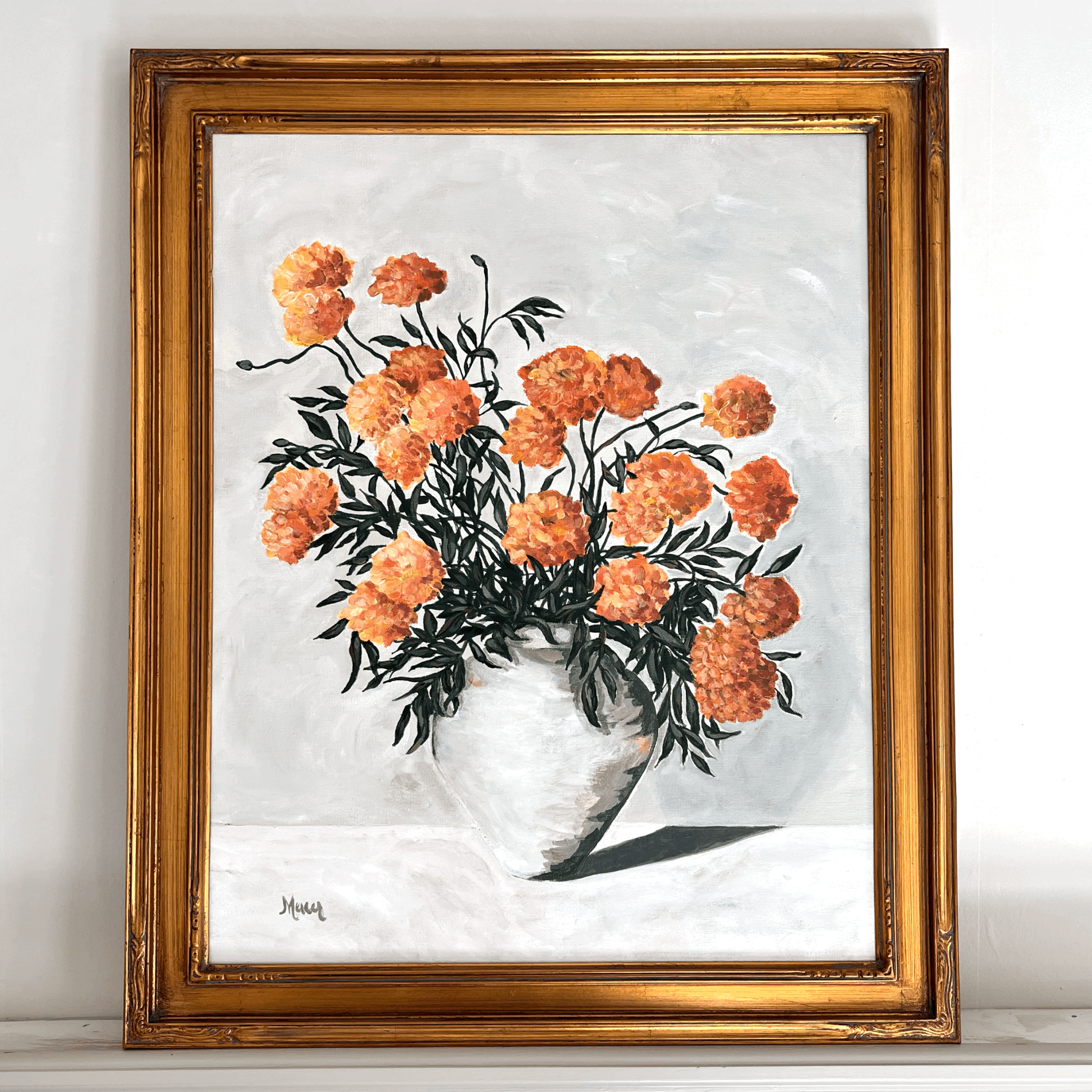 Marigolds - Framed Original Floral Still Life Painting by Becca Mercer - 40.6×50.8cm (16x20in)