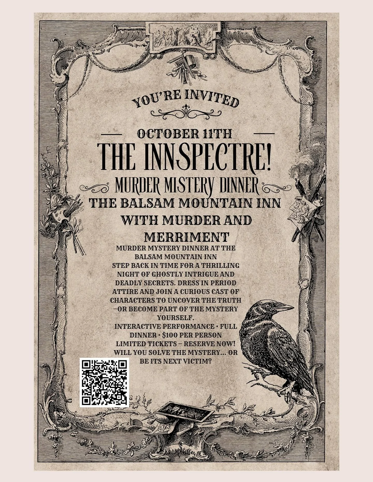 &ldquo;The InnSpectre!&rdquo; Murder Mystery Party + Dinner is happening this Saturday, October 11 from 5:00 PM to 8:00 PM at the gorgeous Balsam Mountain Inn in North Carolina. 

This isn&rsquo;t your average night out. Expect:
A full dinner to deli