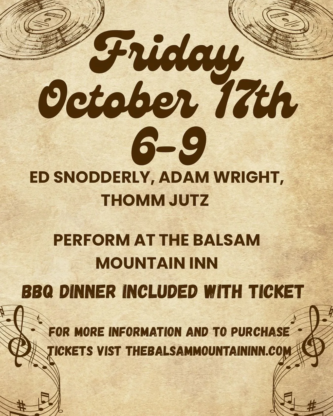 Live Music &amp; BBQ Dinner at the Balsam Mountain Inn
Friday, October 17th | 6-9 PM
Join us for an evening of outstanding live music, storytelling, and Southern hospitality at the historic Balsam Mountain Inn. Enjoy performances from three acclaimed