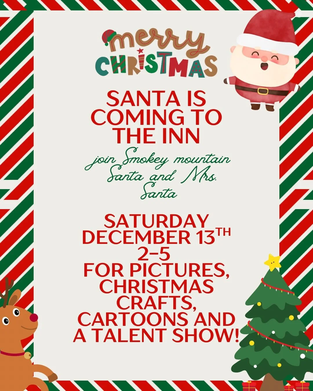 Join Smokey Mountain Santa and Mrs. Santa  at The Balsam Mountain Inn Saturday December 13th 2-5. Throughout the evening 2-5pm) we will have pictures with the Clauses, hot chocolate and cookies, Christmas cartoons, kids Christmas activities, and a fa