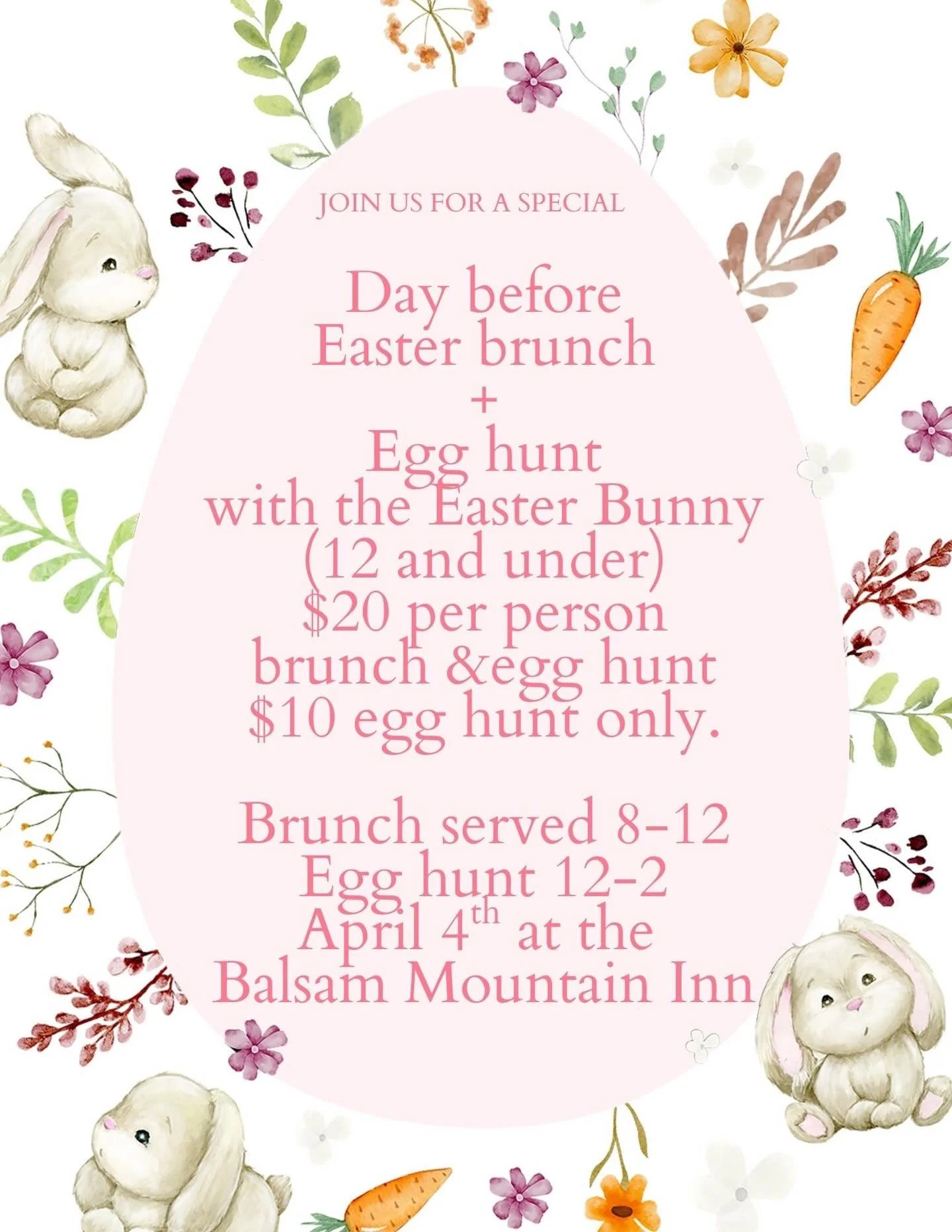 Day before Easter egg hunt and breakfast buffet! Join us for a breakfast Easter brunch on Saturday April 4th starting at 8 am and lasting until 12. There will be two seatings: One from 8am-10am and one from 10am-12pm. Kids 12 and under who attend eit