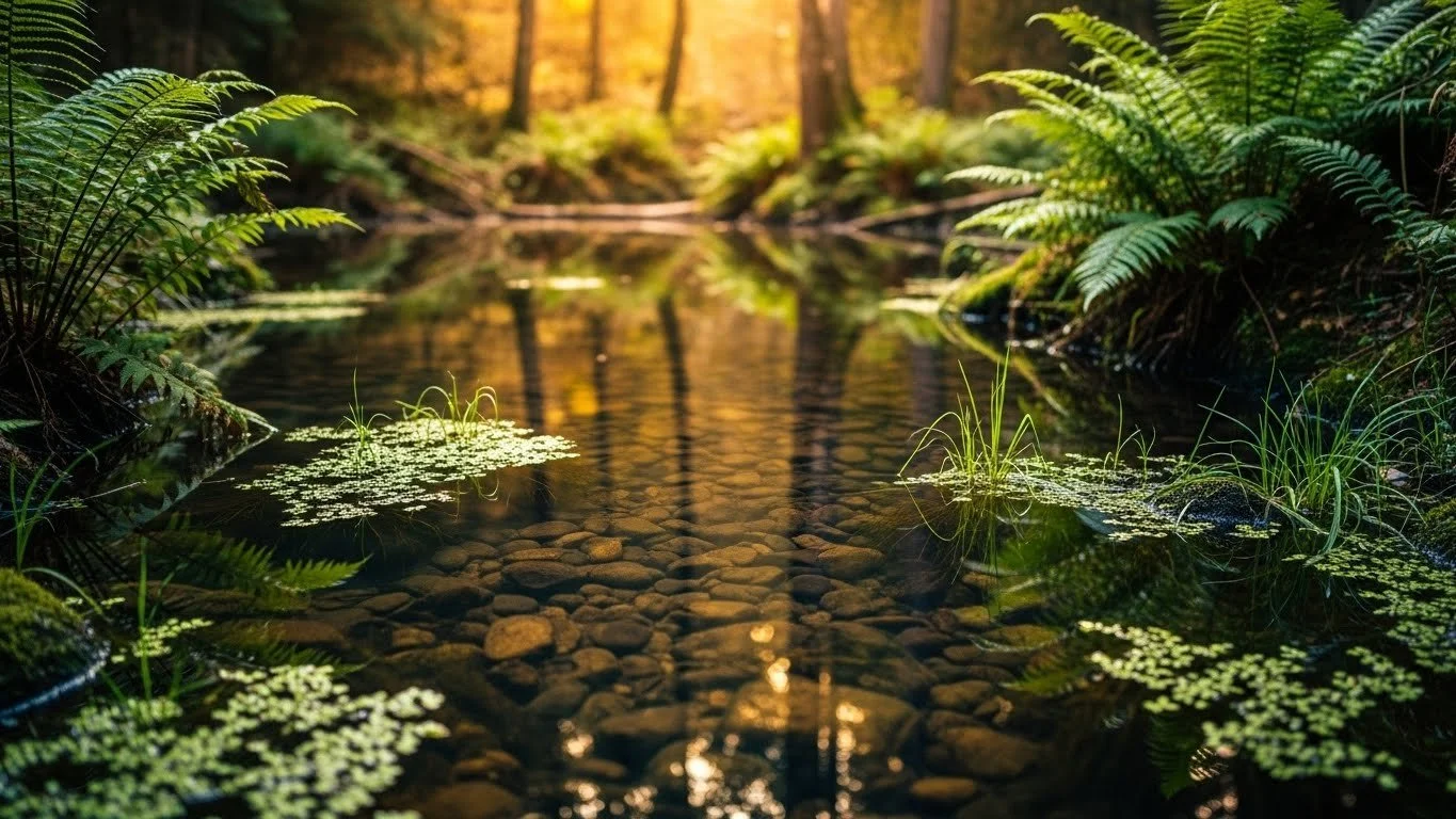A peaceful forest stream flowing over smooth rocks, with lush green ferns and plants on the banks, illuminated by warm sunlight filtering through the trees.
