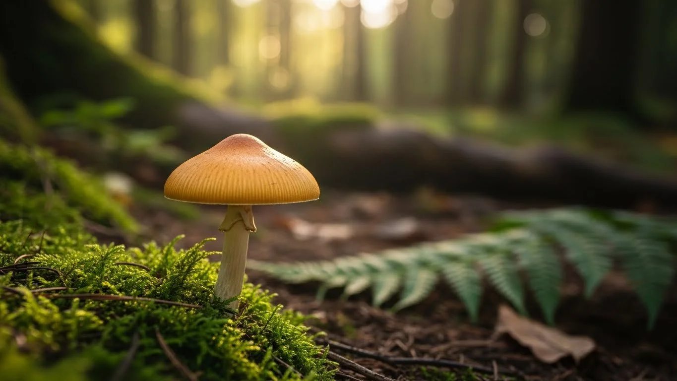 A mushroom growing on mossy forest floor with a fern leaf nearby, sunlight filtering through trees in the background.