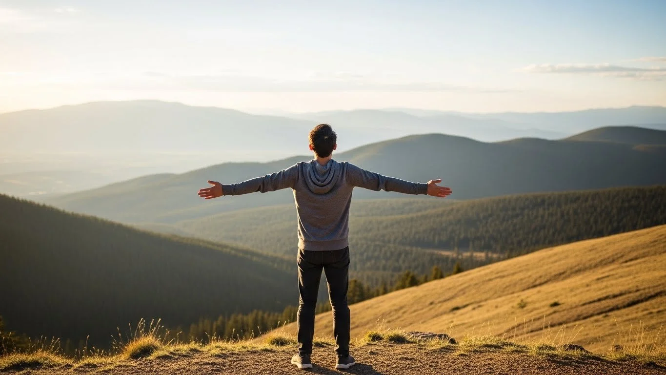 Person experiencing relief from anxiety through psilocybin therapy overlooking peaceful Colorado mountain landscape