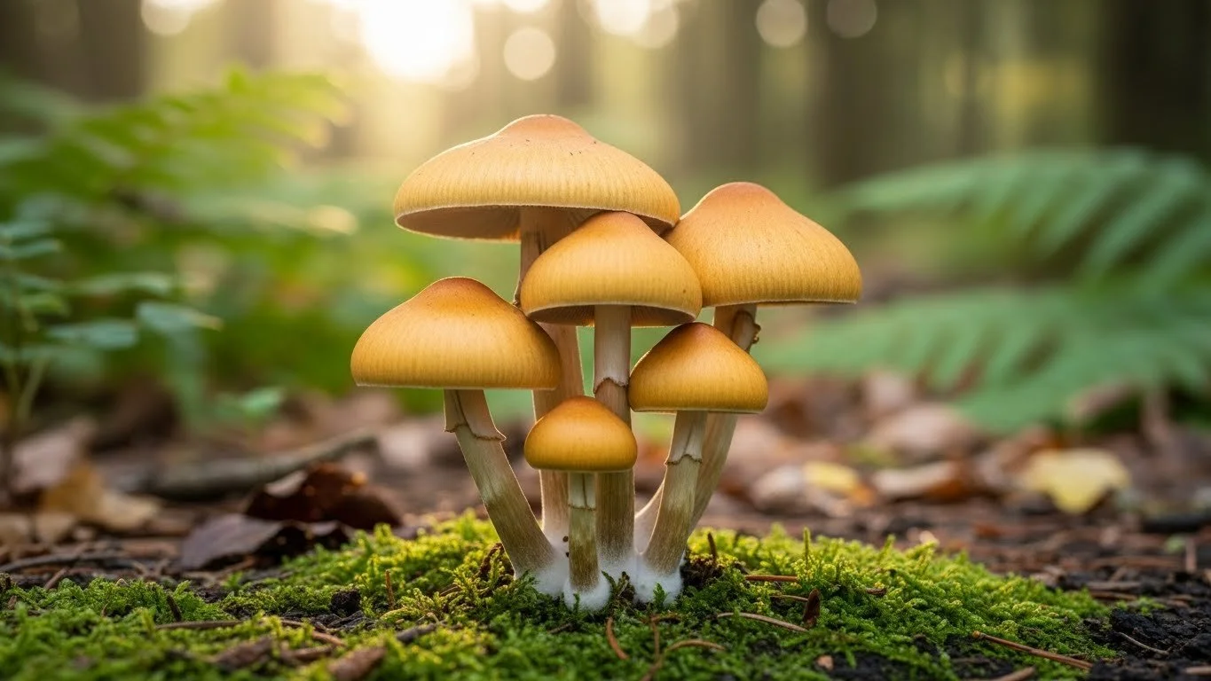 Cluster of brown mushrooms growing on moss in a forest, with sunlight filtering through trees in the background.