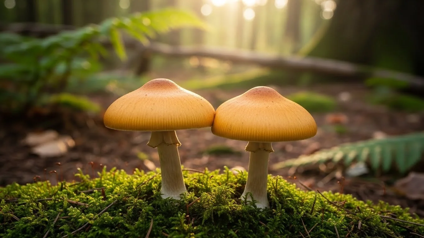 Two yellow-brown mushrooms growing on moss in a forest with sunlight shining through the trees.