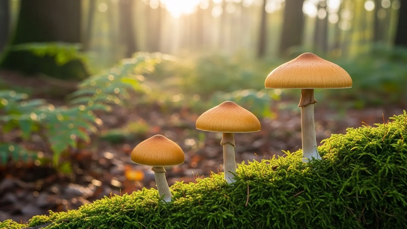 Three mushrooms of varying sizes growing on green moss in a sunlit forest with blurred trees in the background.