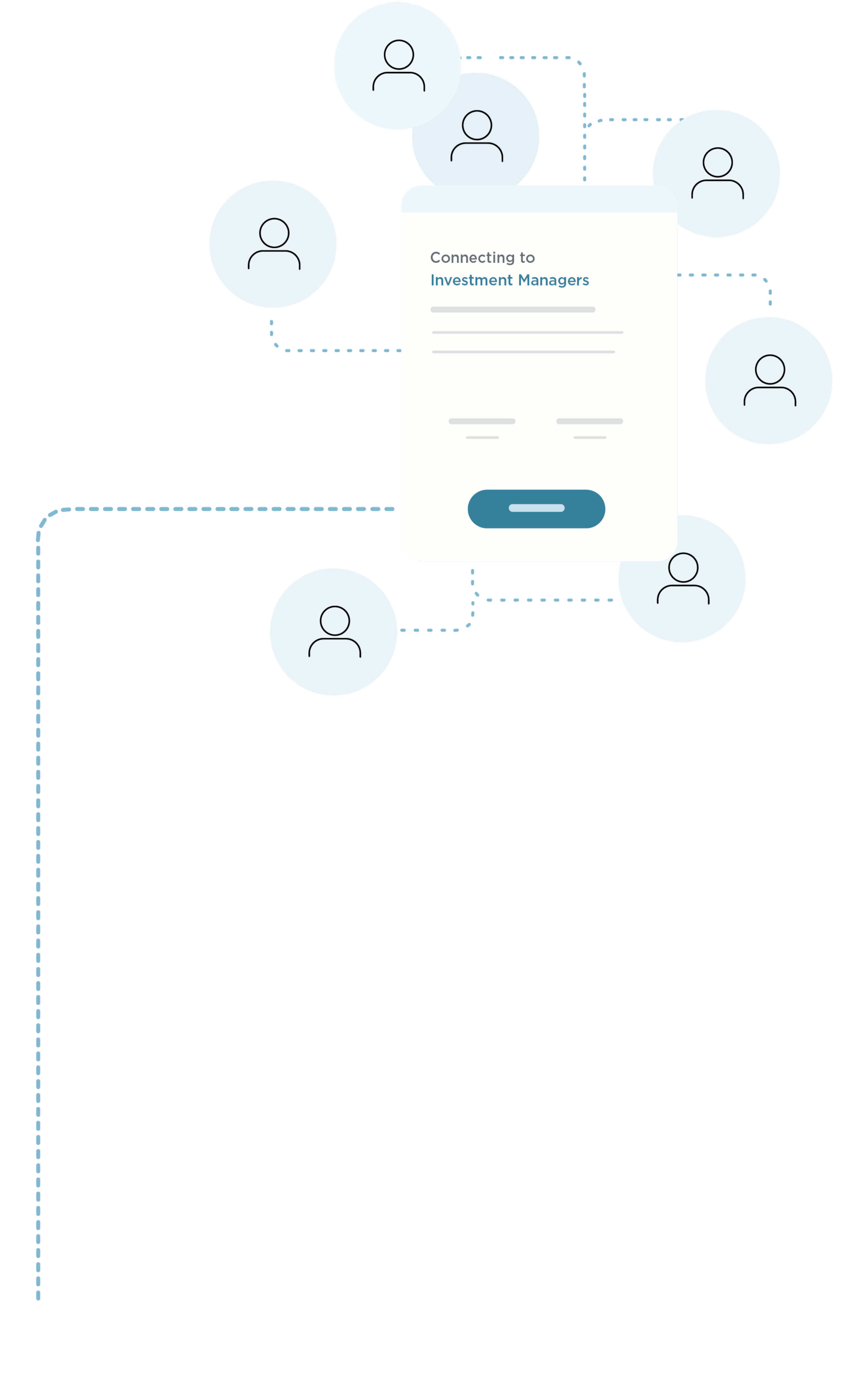 A digital diagram showing a social connection interface with a central screen connecting to multiple user icons and a prominent mobile connection pop-up labeled 'Connecting to Investment Managers'.