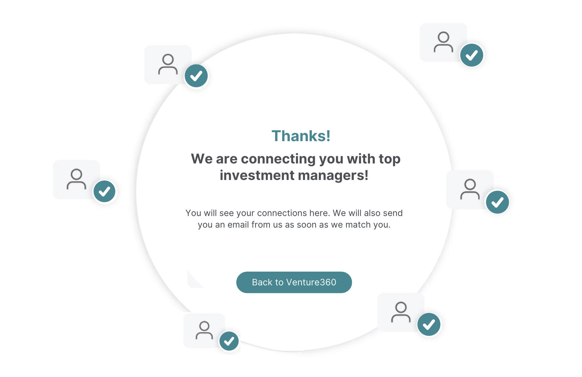 Thank you message from a networking platform, showing a central message with a button, surrounded by icons of people with checkmarks, indicating successful connections.