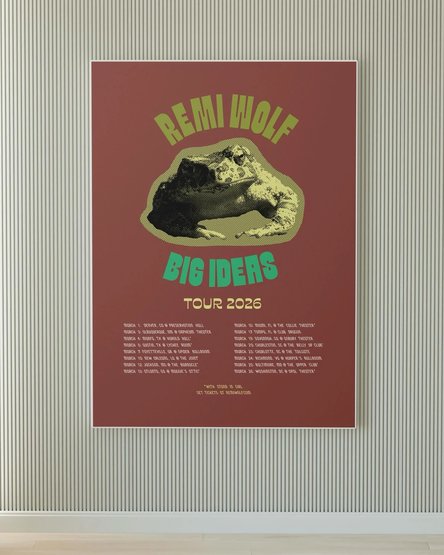 As part of my goal to create one brand design passion project each month, here&rsquo;s the finished poster I designed for Remi Wolf&rsquo;s Big Ideas Tour. 🤎🐸🤎

I also included my initial sketches here. I knew I wanted a funky and vintage inspired