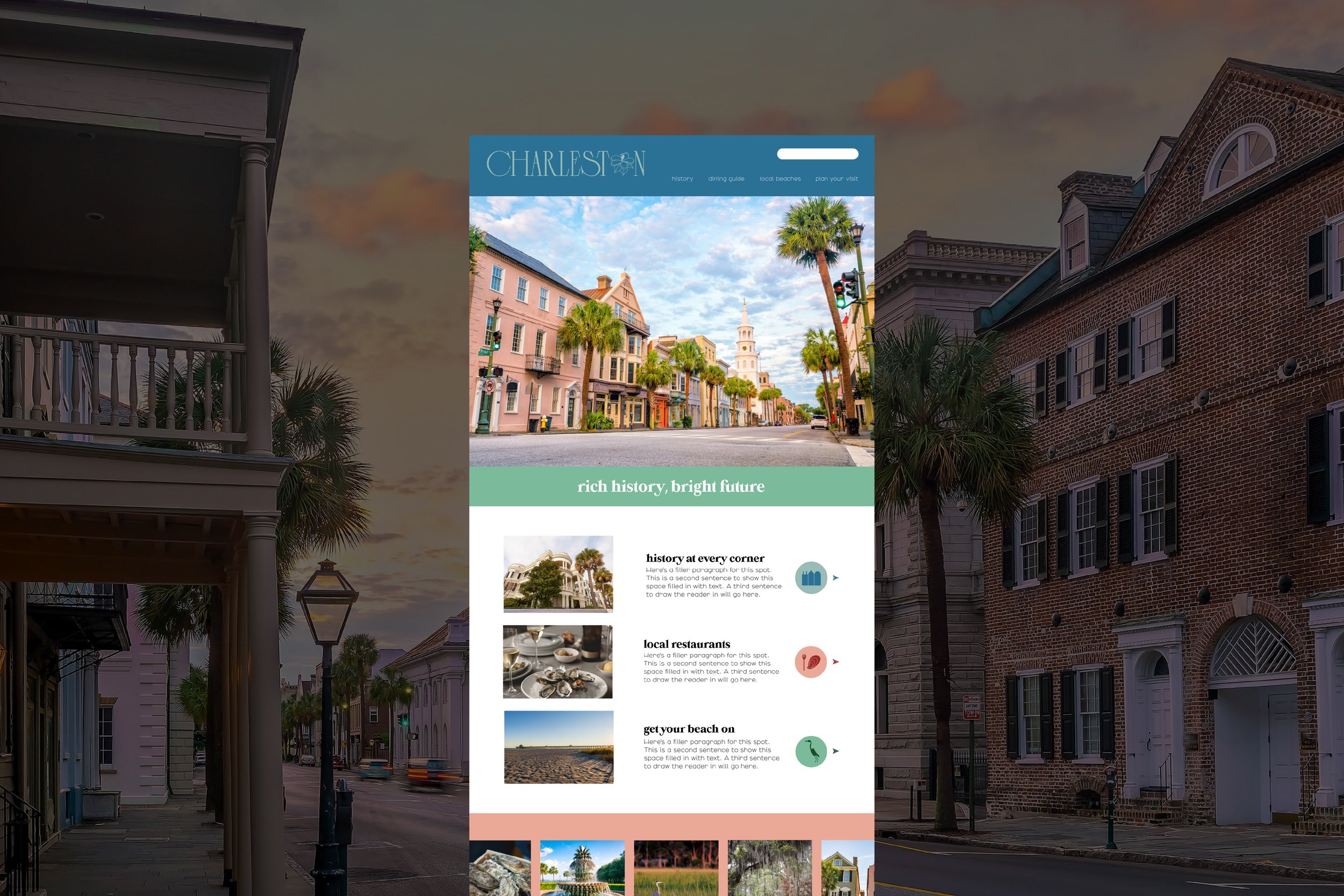 A screen grab of about two thirds of the branded homepage of the City of Charleston website laid over a dimmed photo of downtown Charleston.