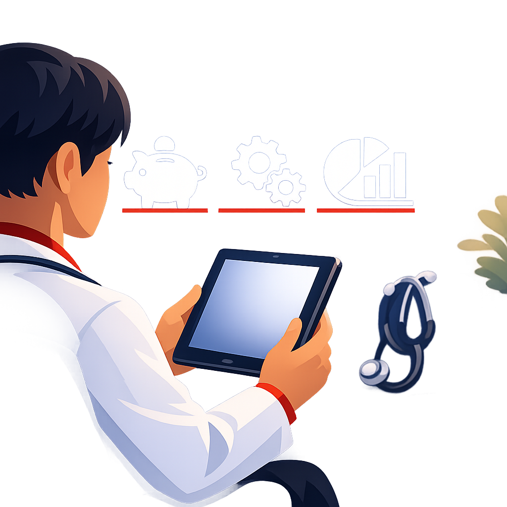 A person, likely a doctor, using a tablet in a medical or conference setting with a stage in the background featuring icons of a piggy bank, gears, and charts.
