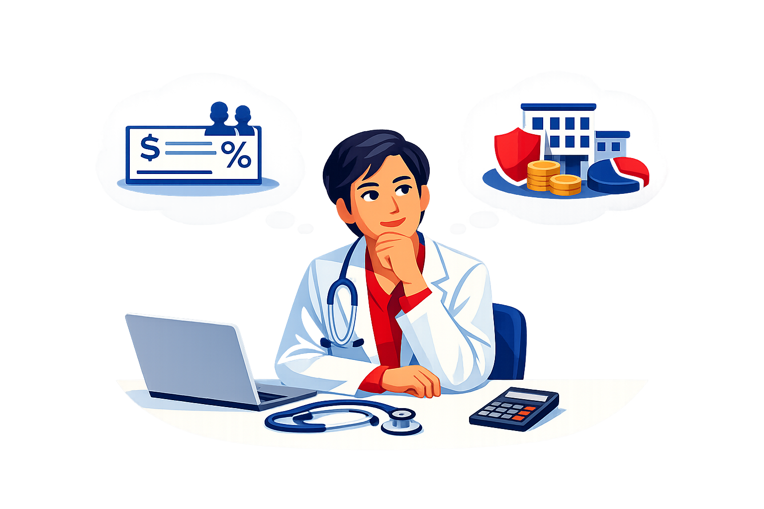 A male doctor in a white coat sitting at a desk with a laptop, stethoscope, and calculator, thinking about financial and real estate concerns.