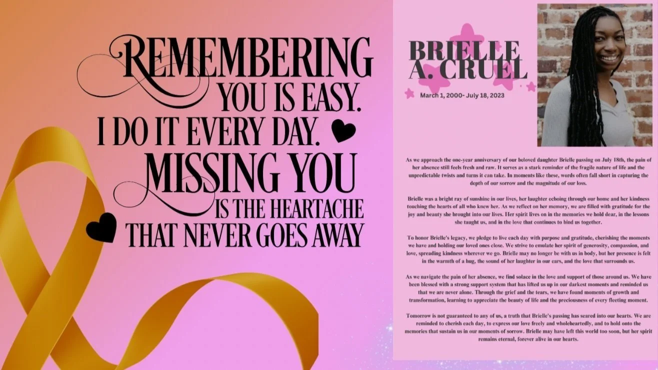 Memorial tribute with a message of remembrance and a photo of a smiling woman named Brielle A. Cruel. Includes text, "Remembering you is easy. I do it every day. Missing you is the heartache that never goes away," alongside a memorial paragraph and a yellow ribbon on a pink background.