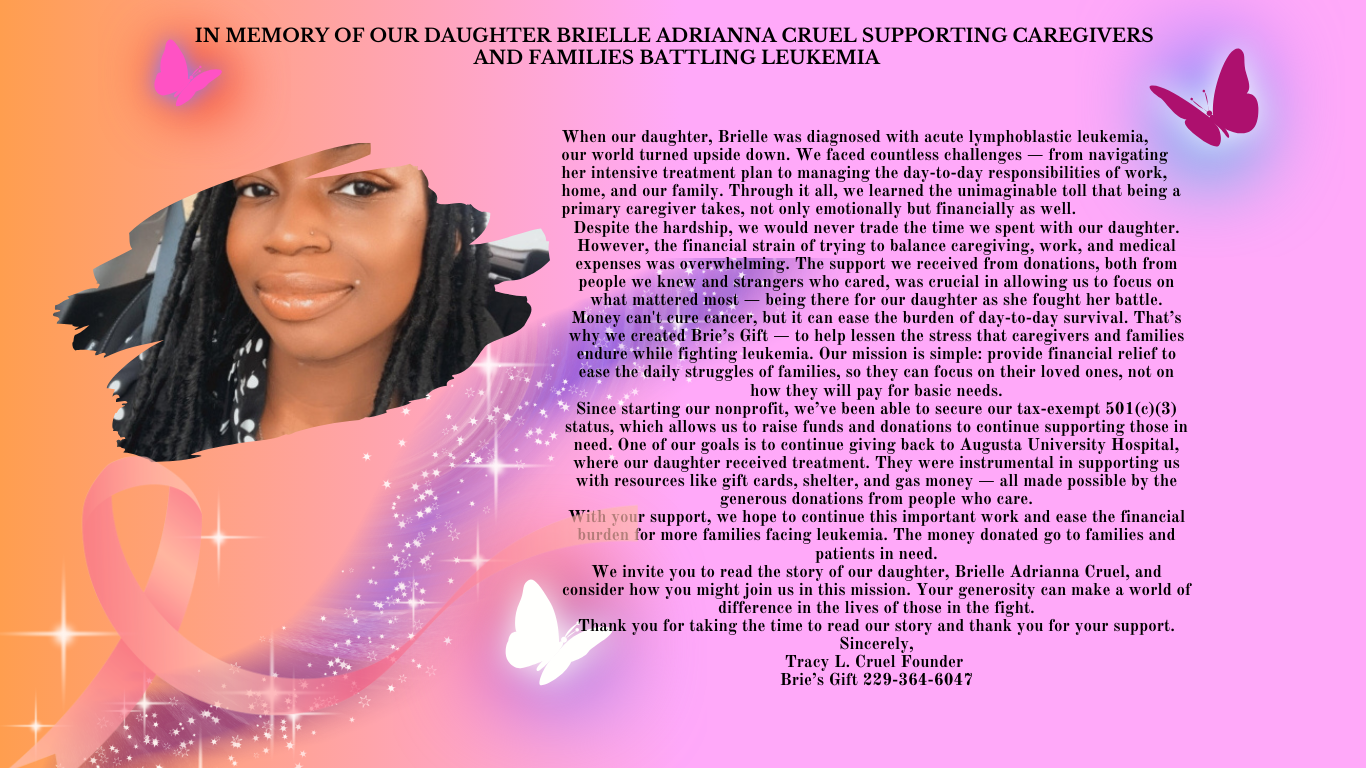 Memorial image for Brielle Adrianna Cruel with a photo, text about leukemia support, and decorative butterflies and ribbons.