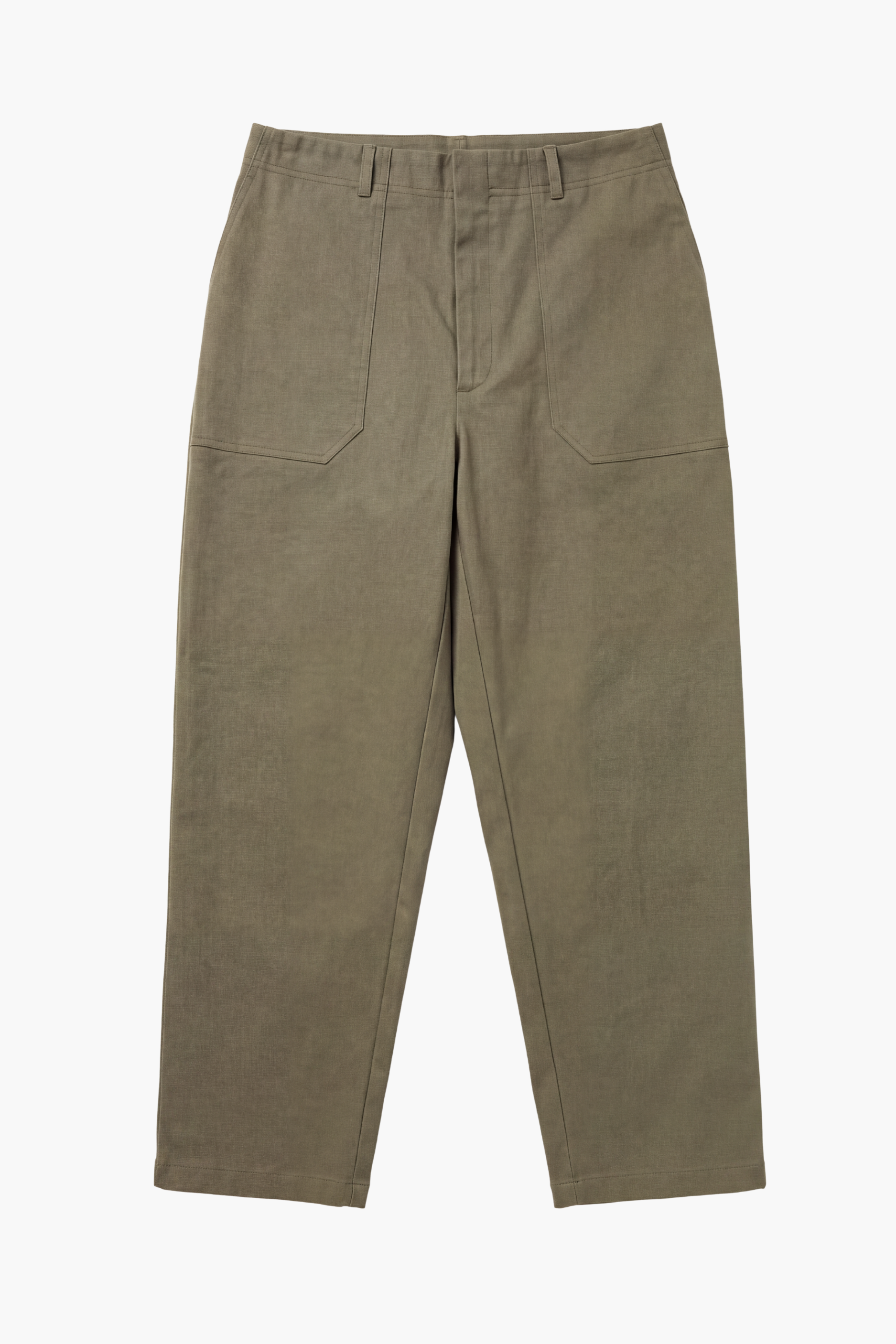Front image of utilitarian-style olive twill pant