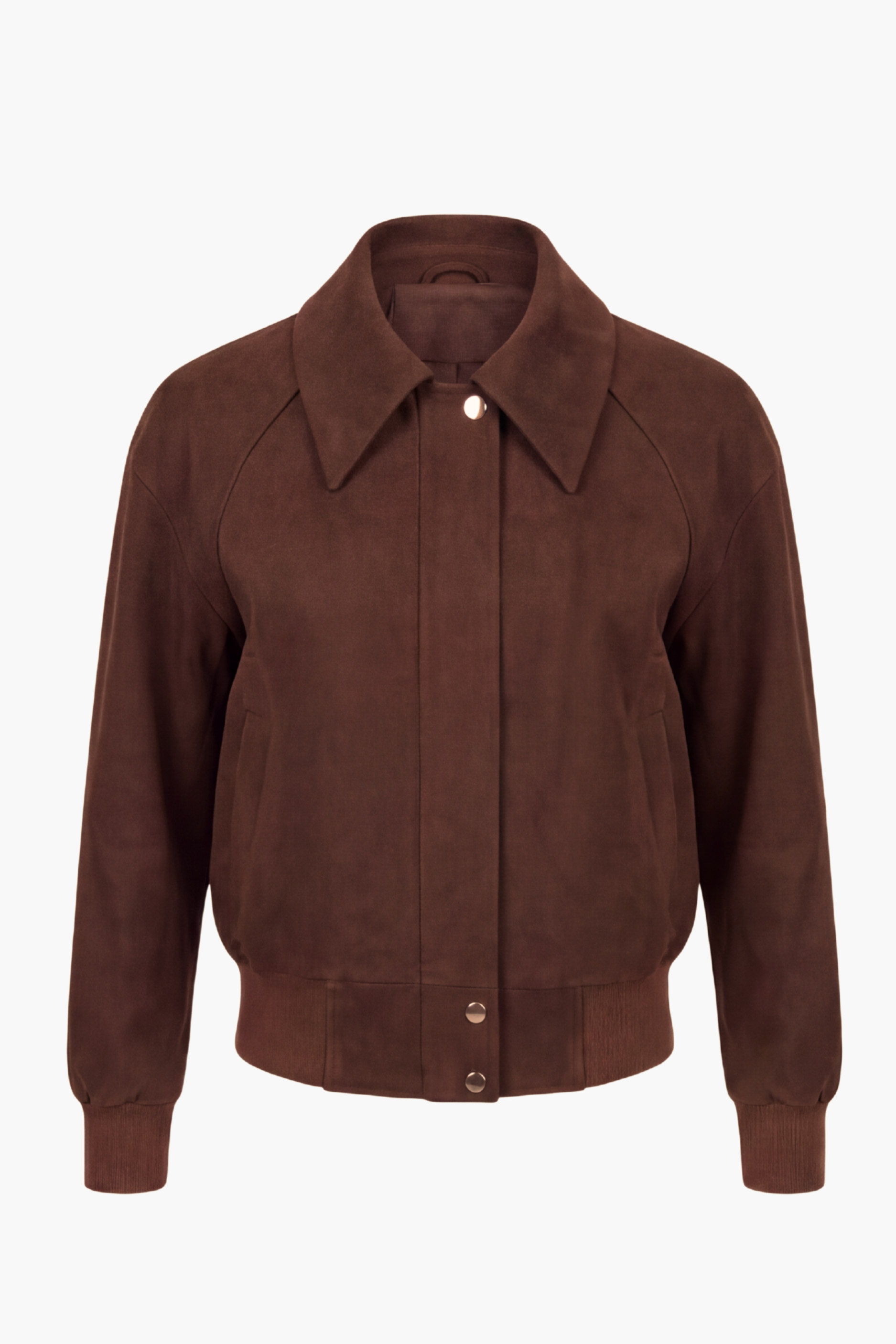 Chocolate Brown faux suede bomber front
