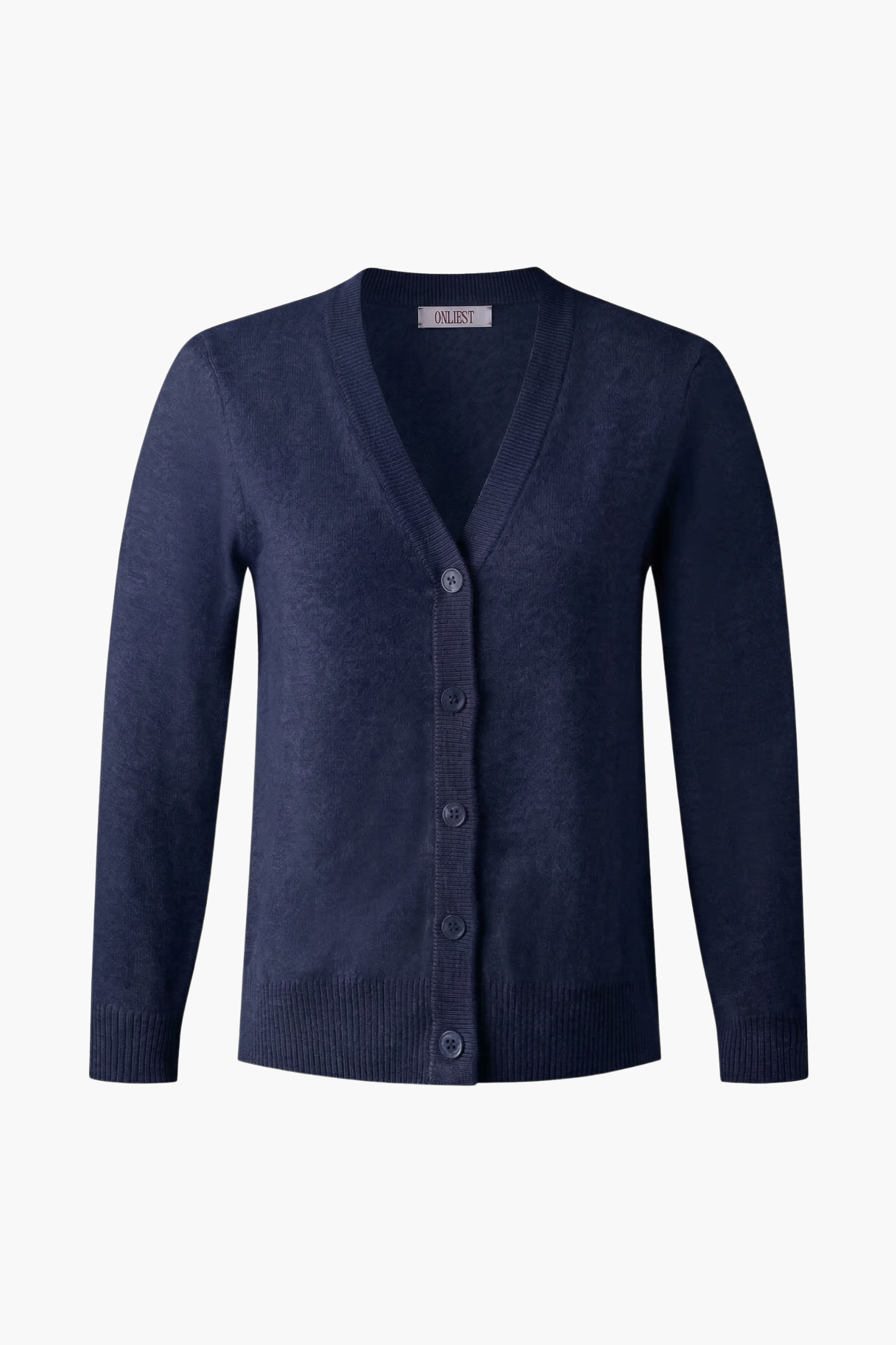 Front image of a navy v-neck cardigan with navy buttons in 100% cashmere