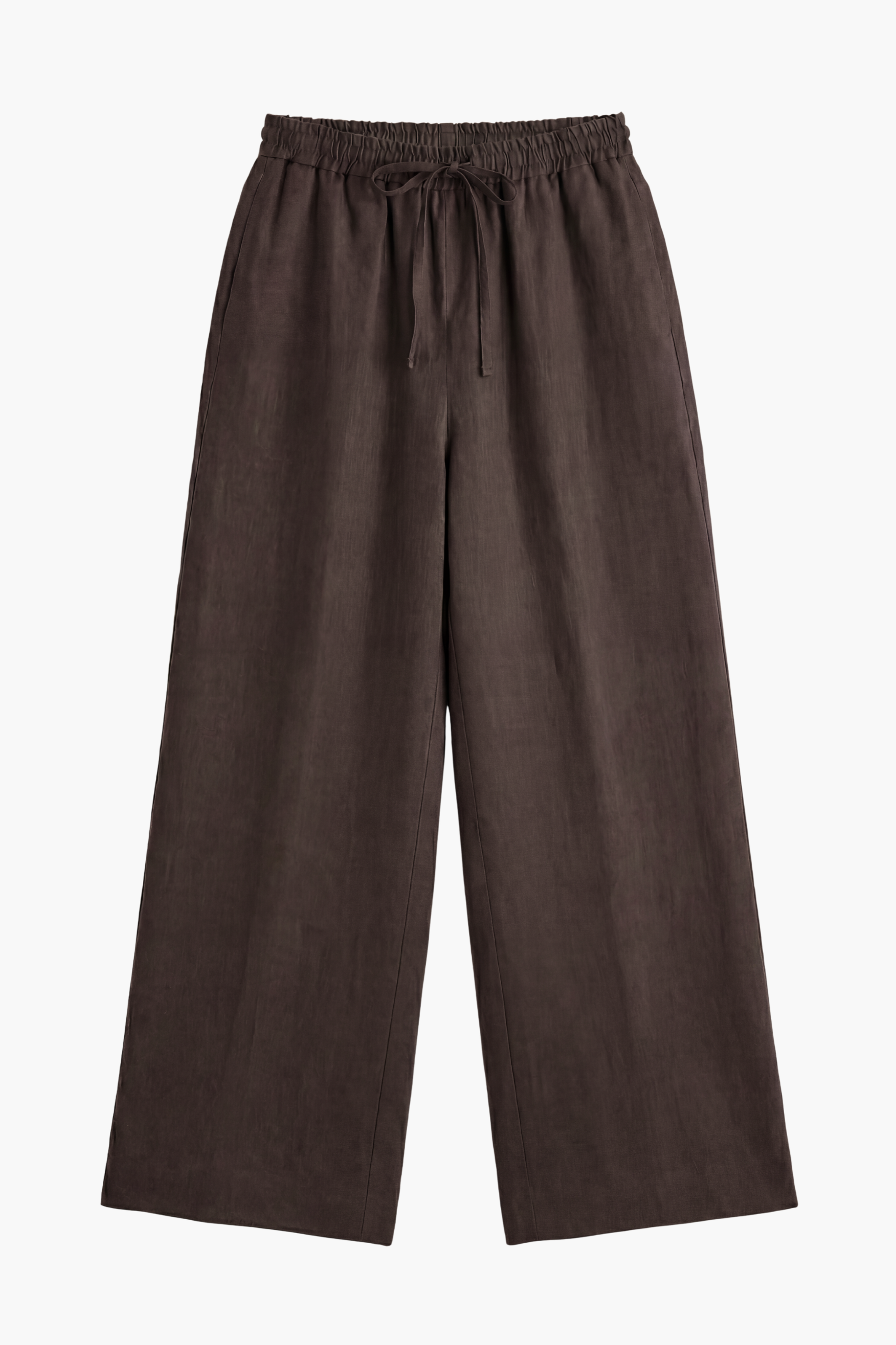 Front side of chocolate brown linen pant with drawstring waistband