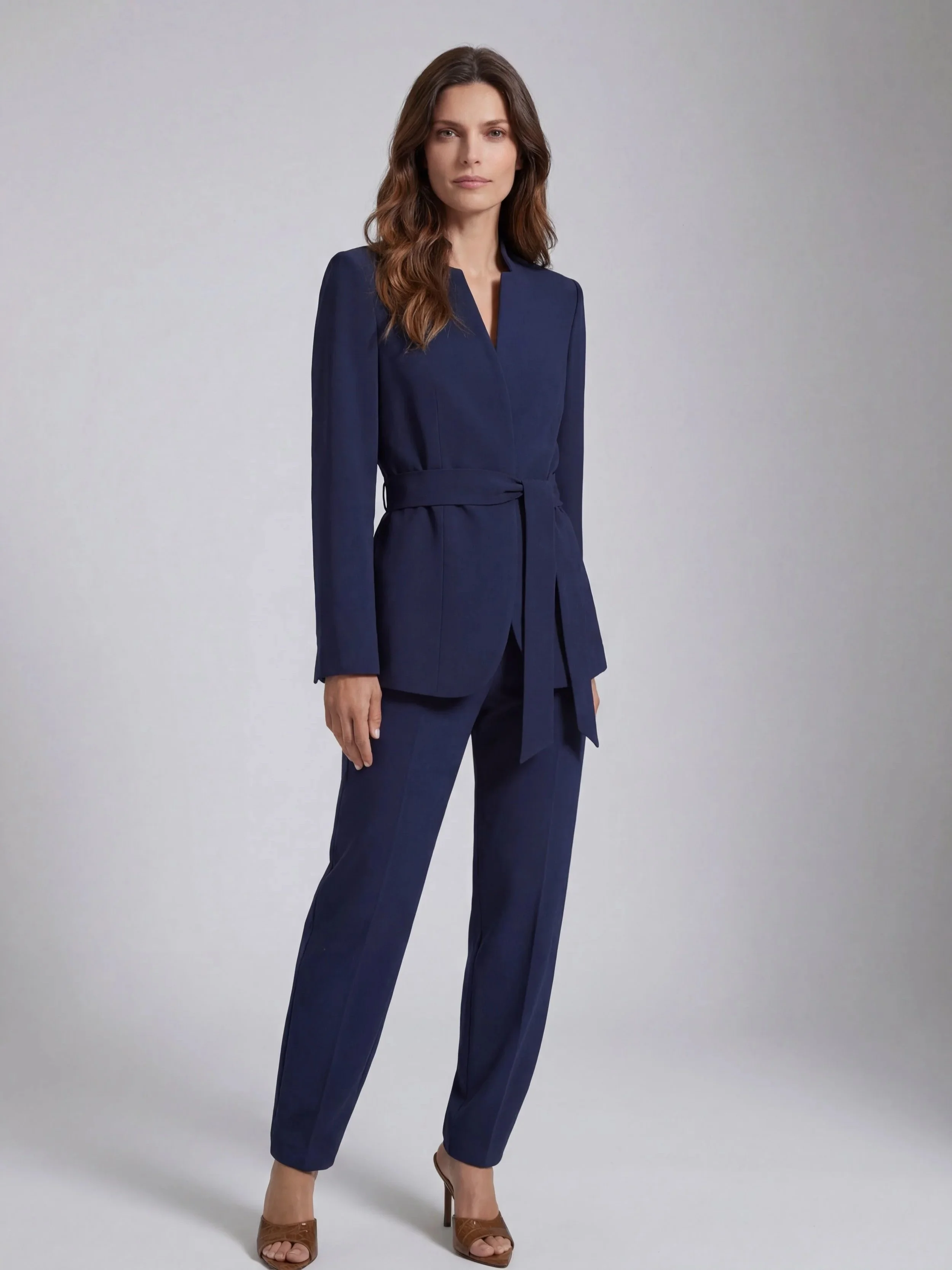 Brunette model standing in a photography studio wearing a belted navy jacket and navy straight leg pants
