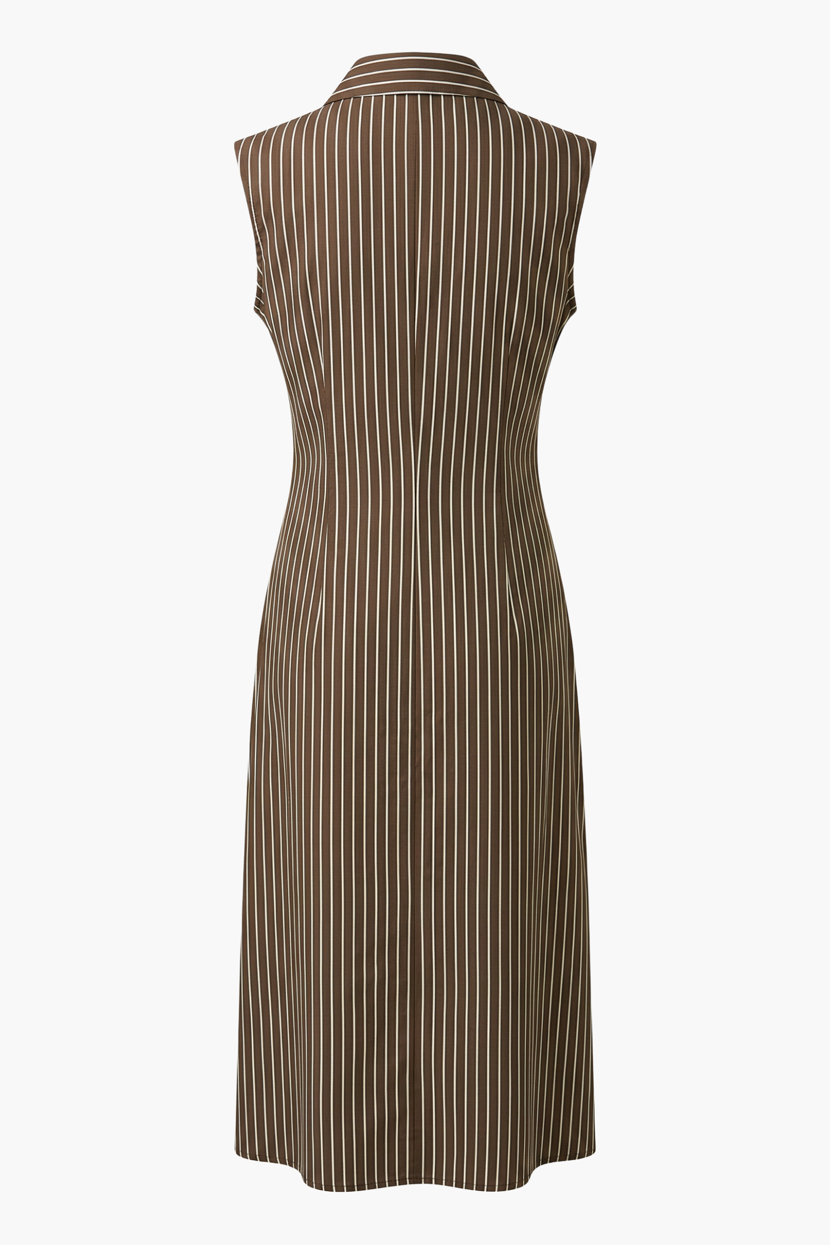 Back image of brown/white stripe sleeveless shirt dress