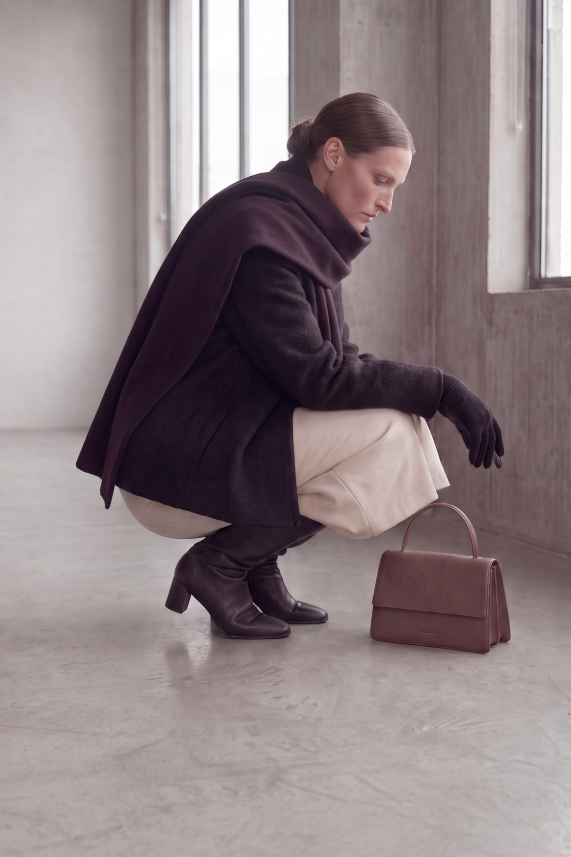 Model crouching down turned away from the camera wearing the Julia coat and cream sheath dress