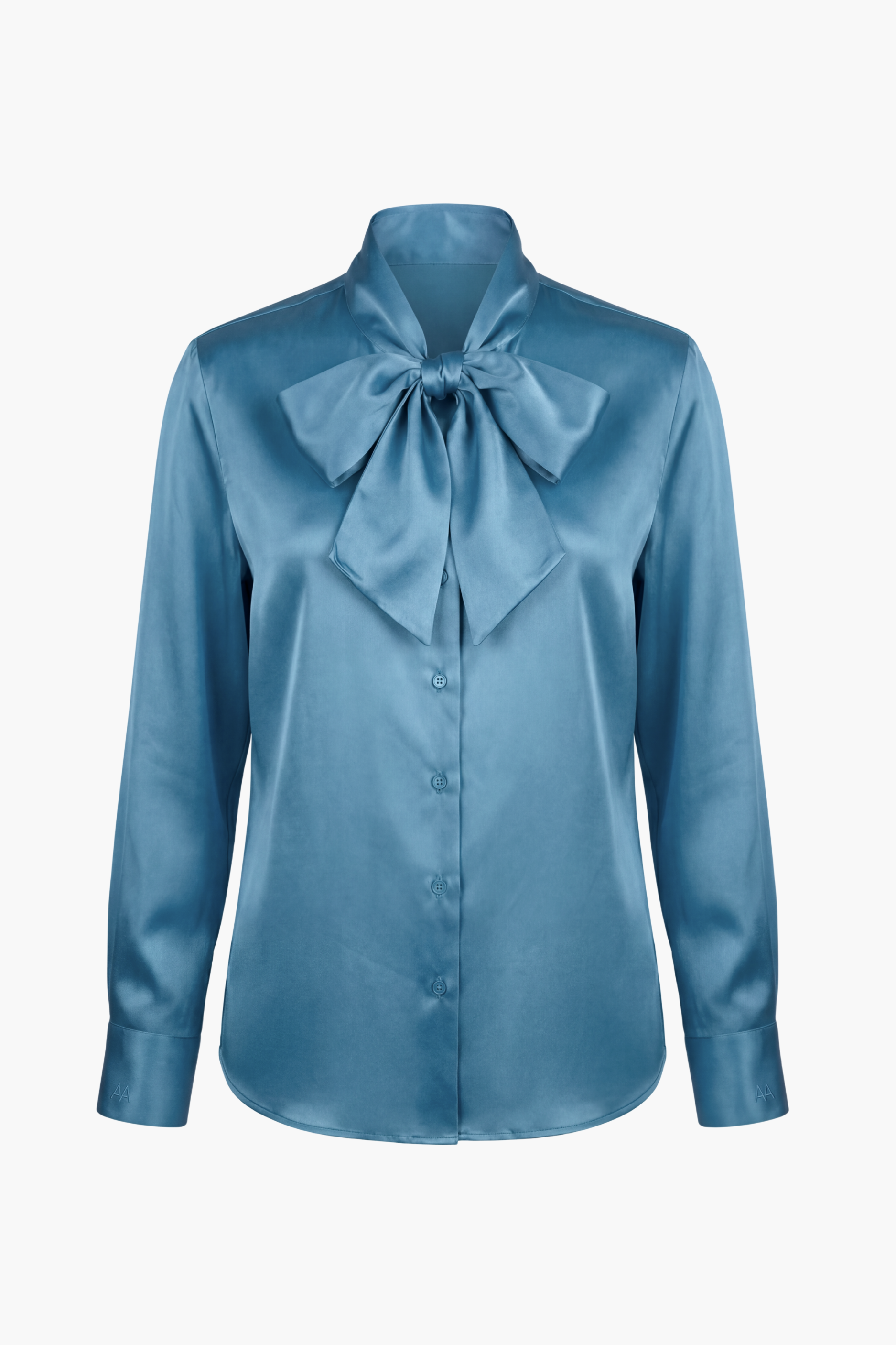 Product Image of the front of an Azure blue silk shirt with a pussy-bow tie front