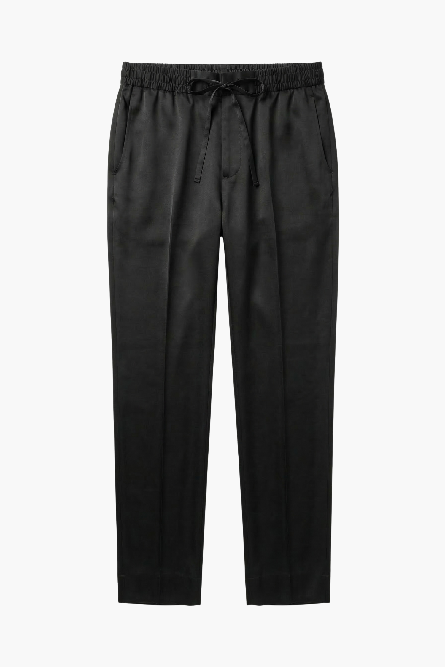 Front side of a black 100% Silk straight leg pant with an elastic waistband with drawstring.