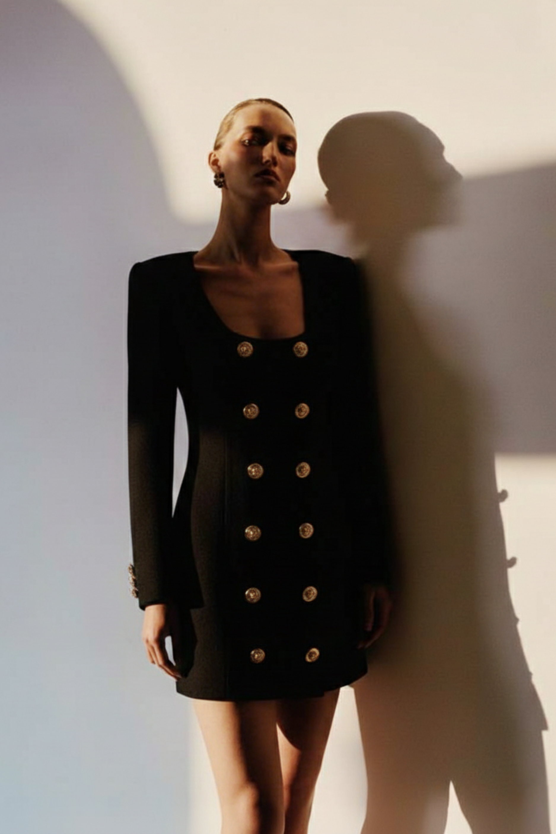 Model wearing black dress with gold buttons