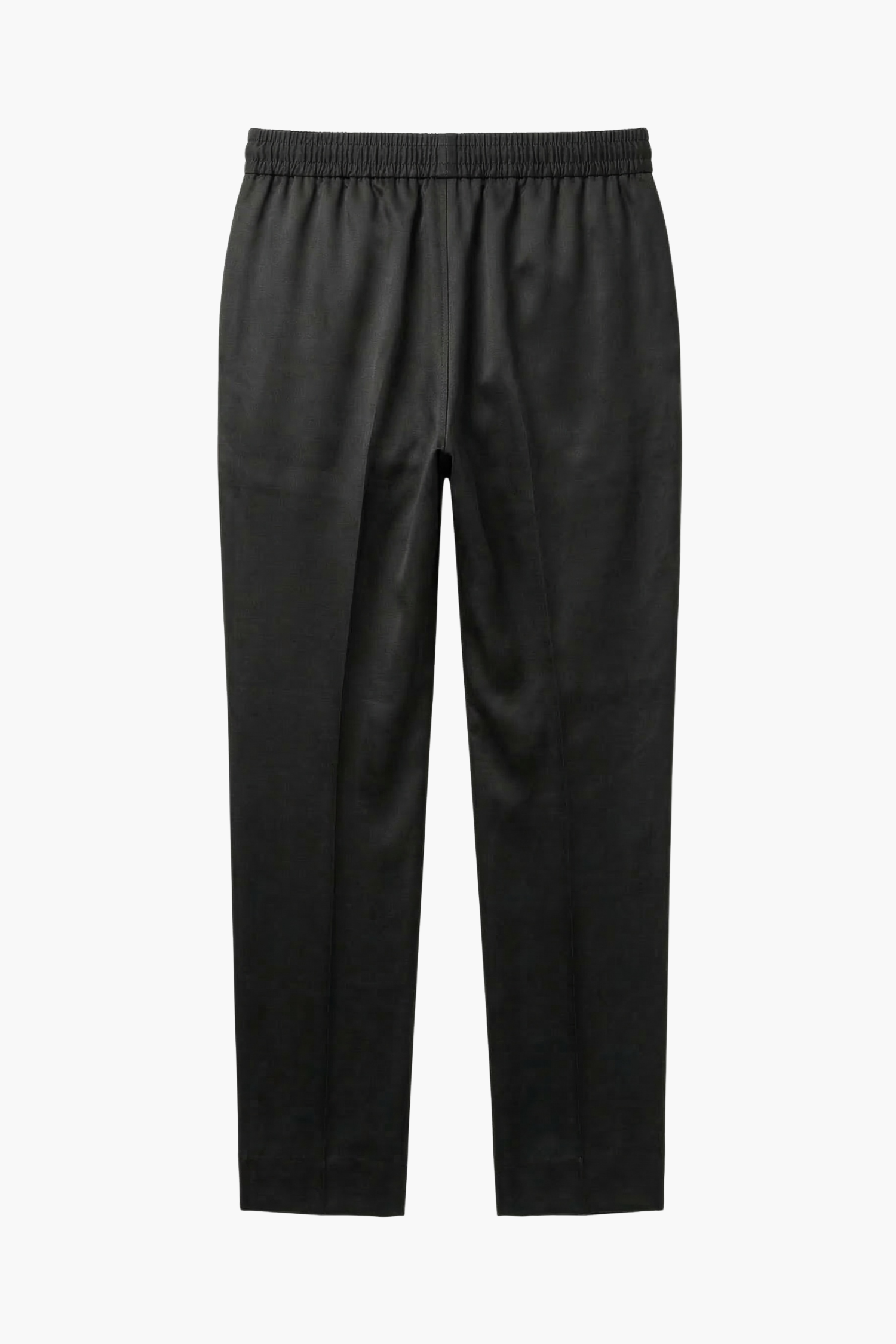 Back side of a black 100% Silk straight leg pant with an elastic waistband with drawstring.