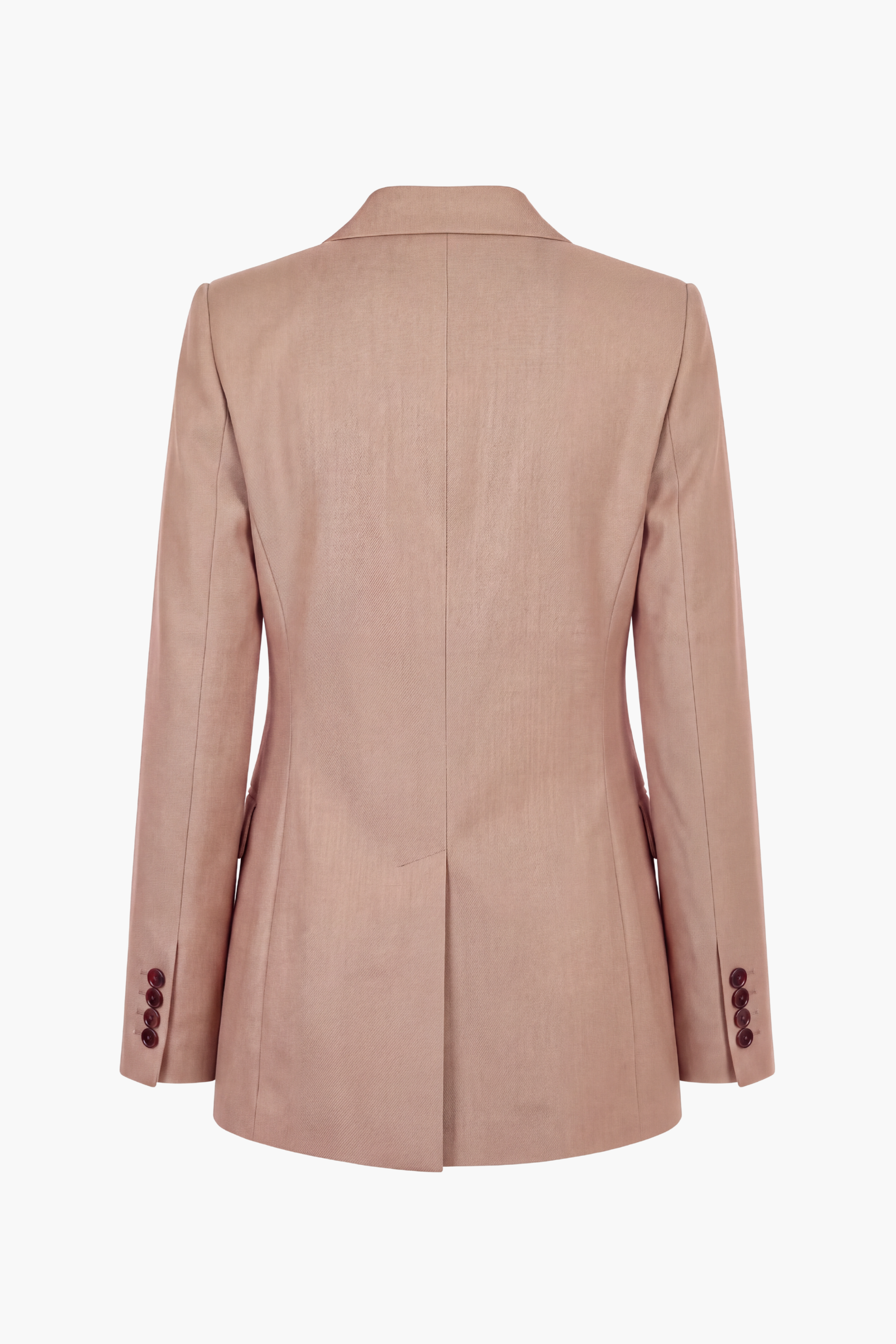 Image of the back of a tan jacket with a center vent and 4 cuff buttons
