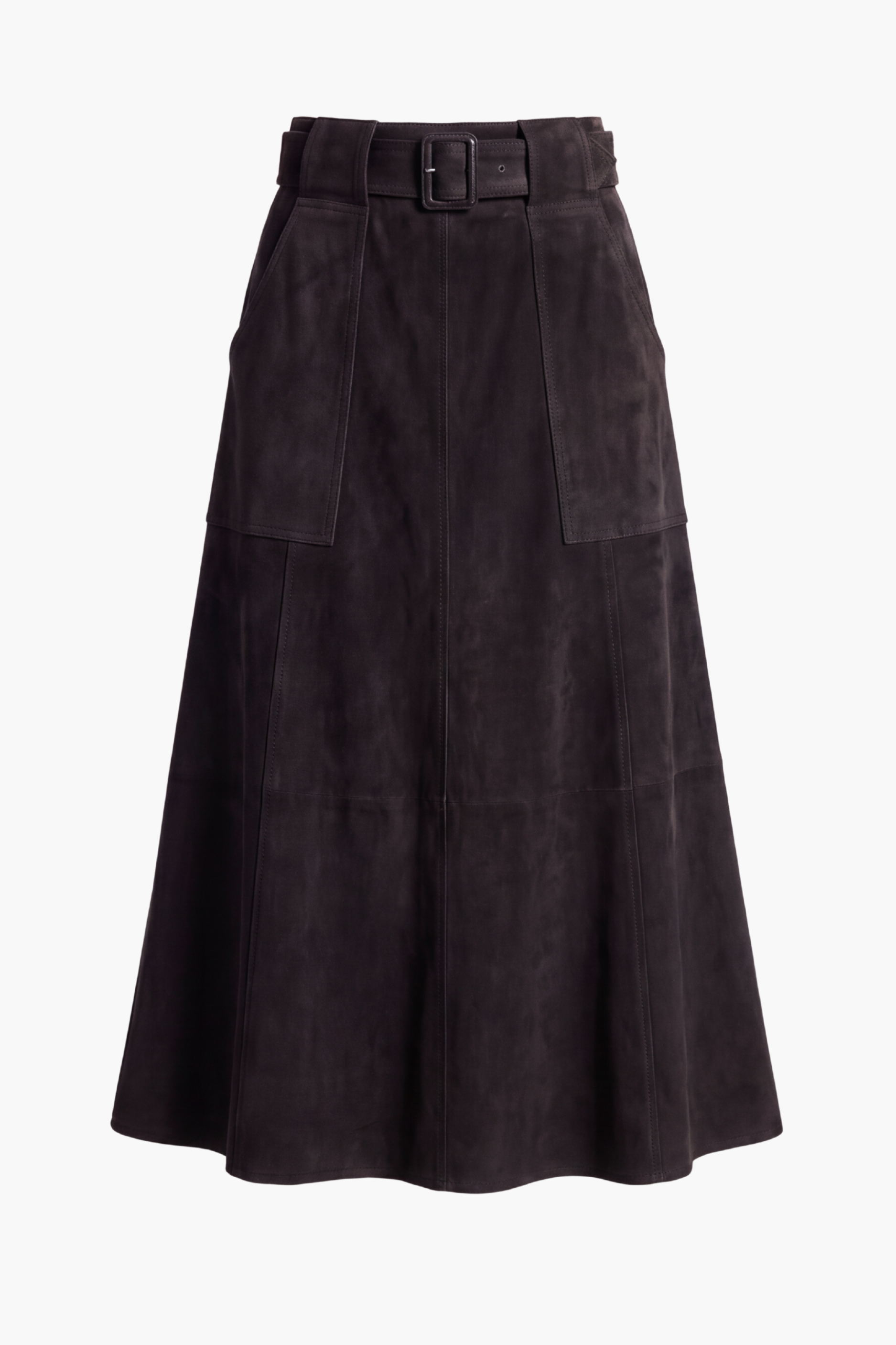 Front view of black faux suede A-line skirt