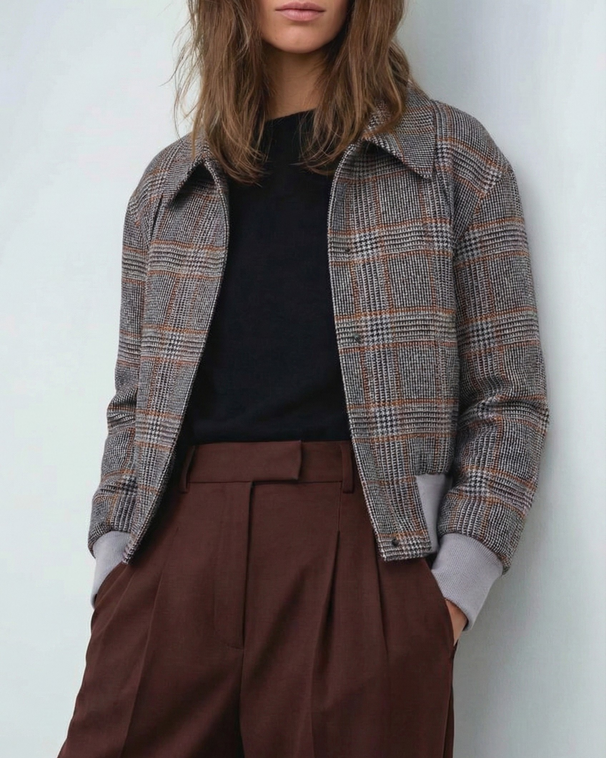 Cara Bomber Glen Check Model Shot.png