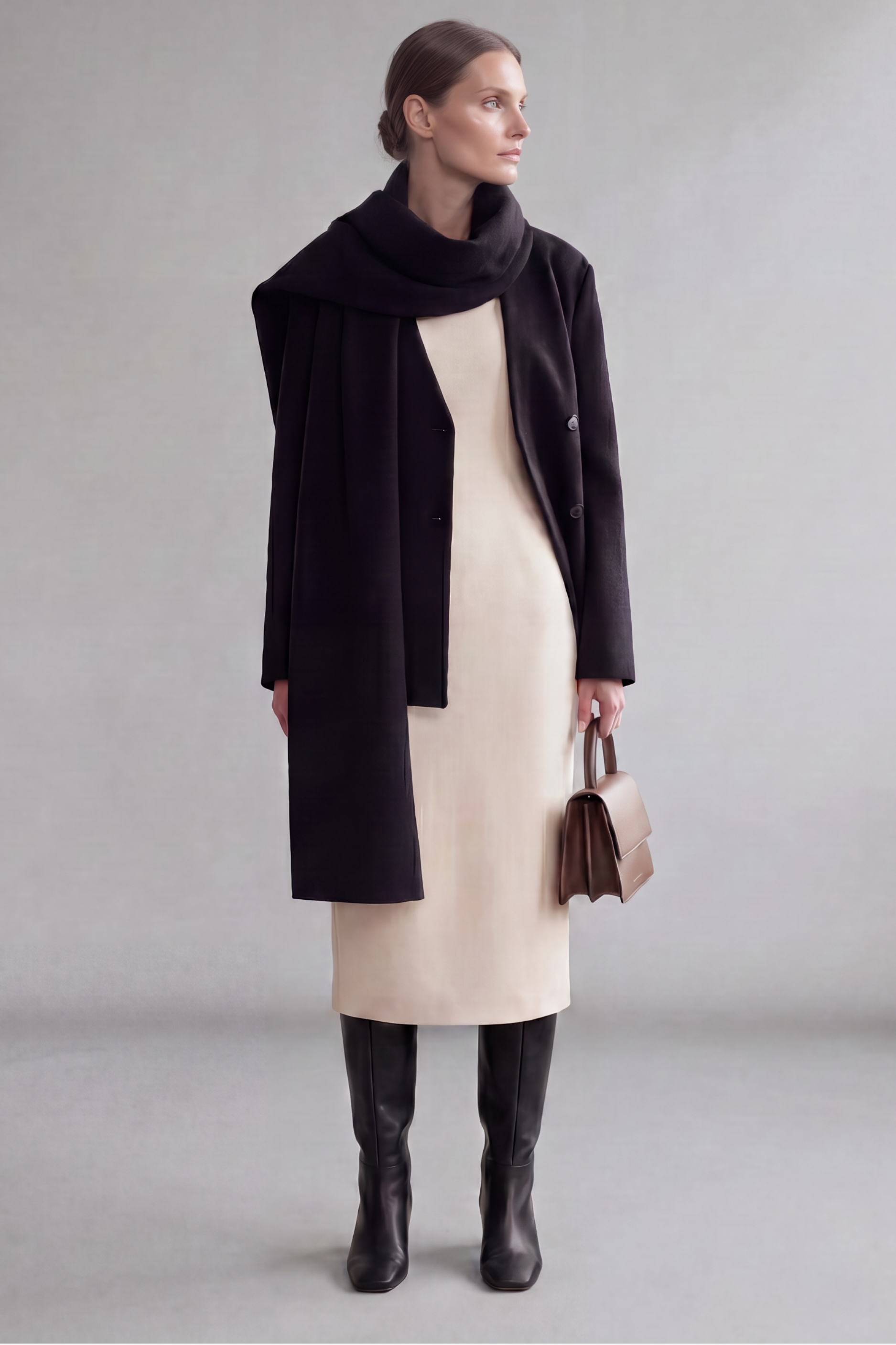 Model facing the camera wearing the Julia Coat unbuttoned over a cream sheath dress