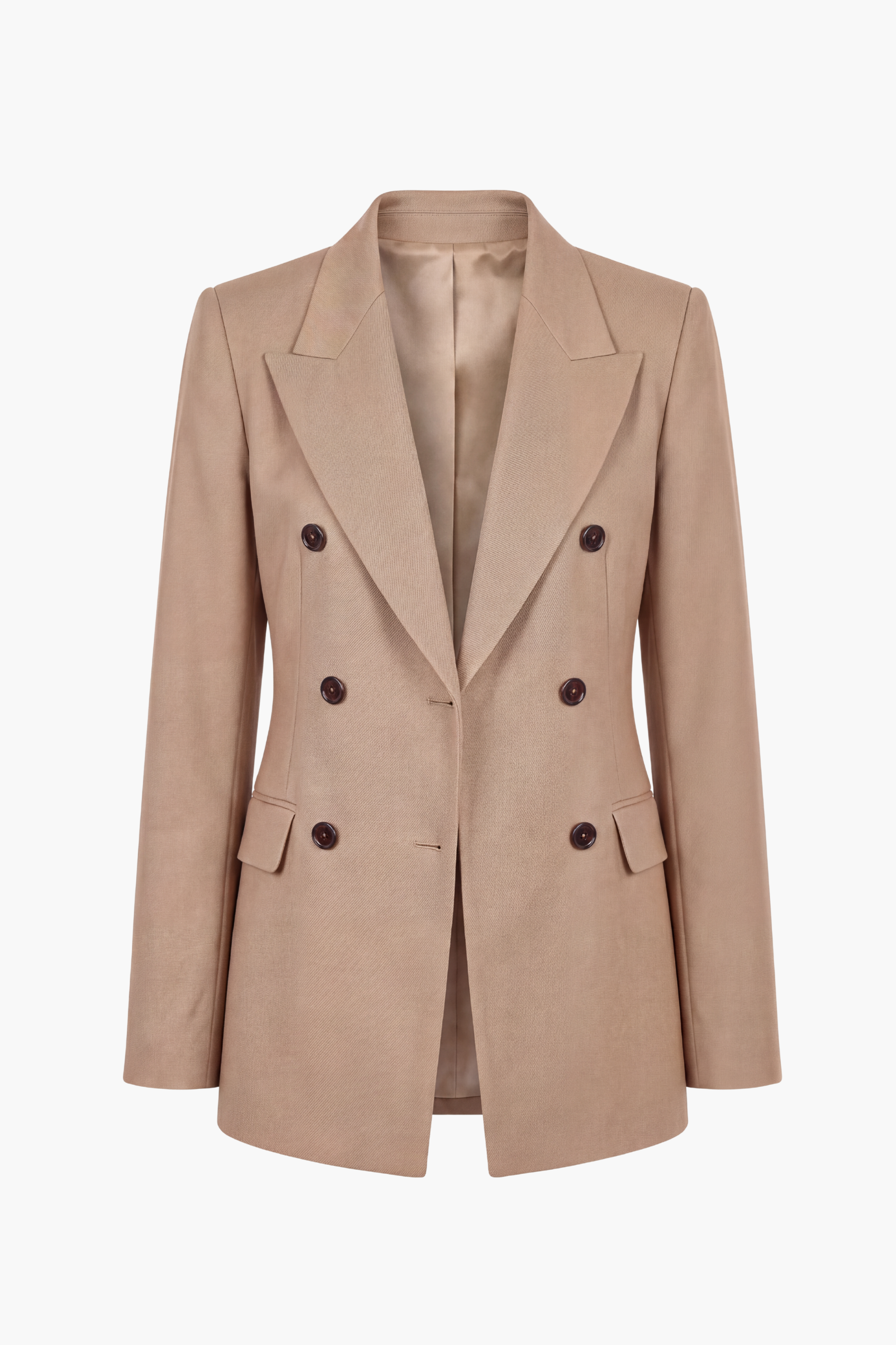 Image of six button double breasted jacket in tan with dark brown buttons
