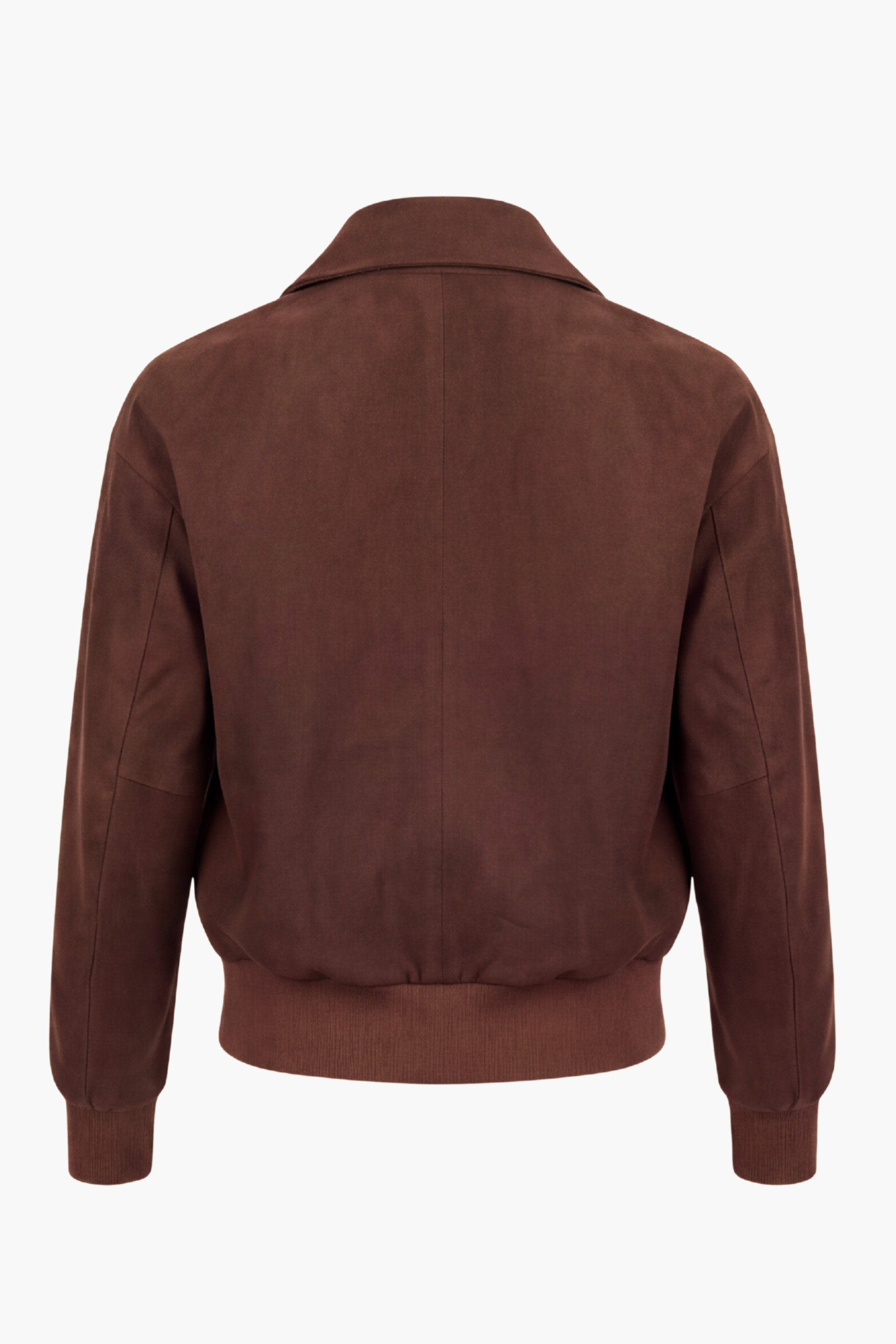 Back of Chocolate Brown faux suede bomber