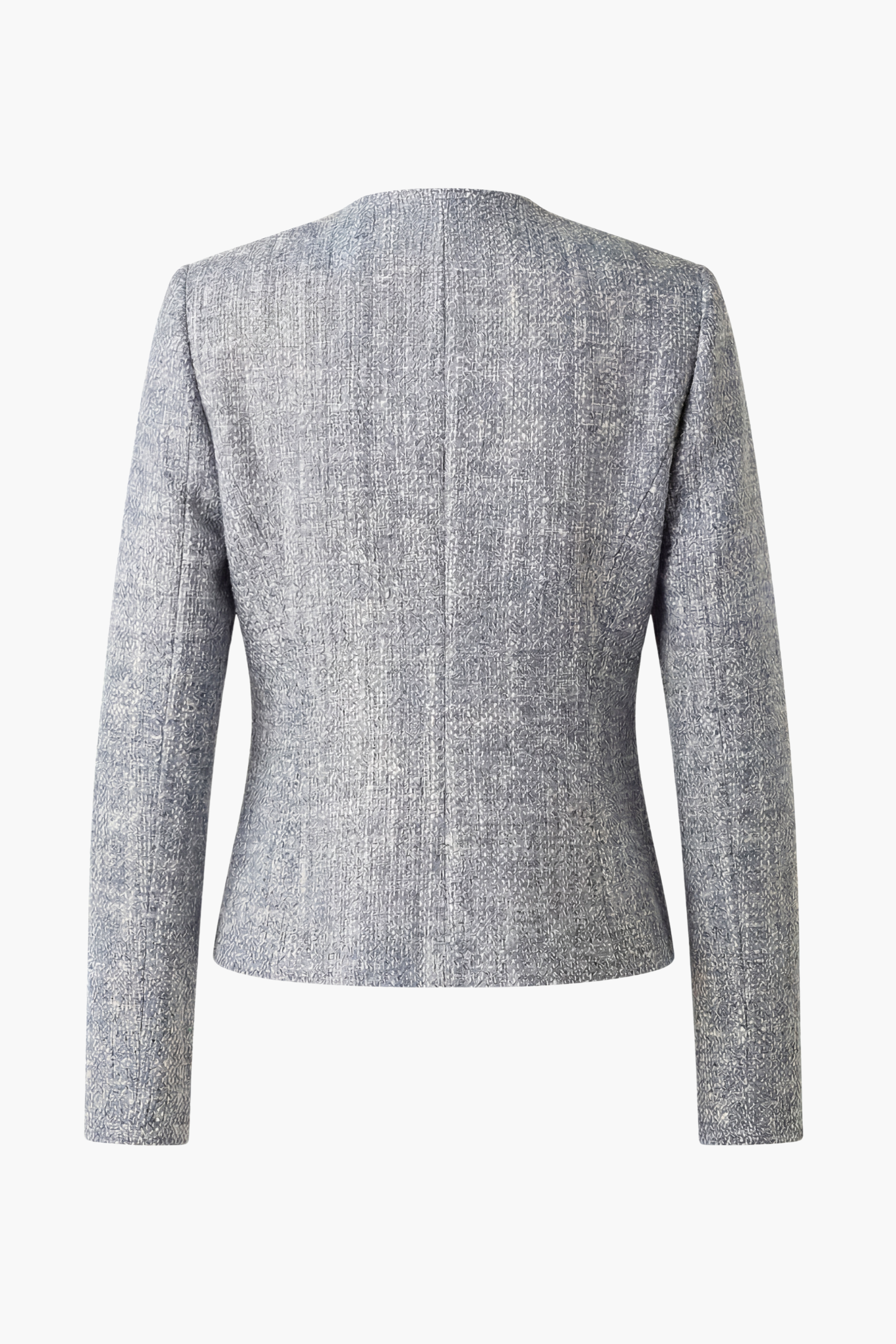 Back photo of a blue/gray linen & cotton melange jacket in a round neck, cropped jacket