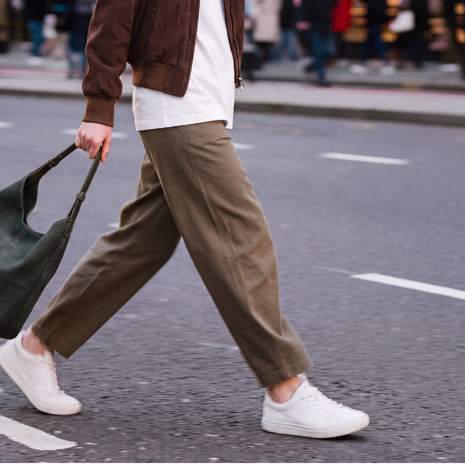 Model wearing olive pants