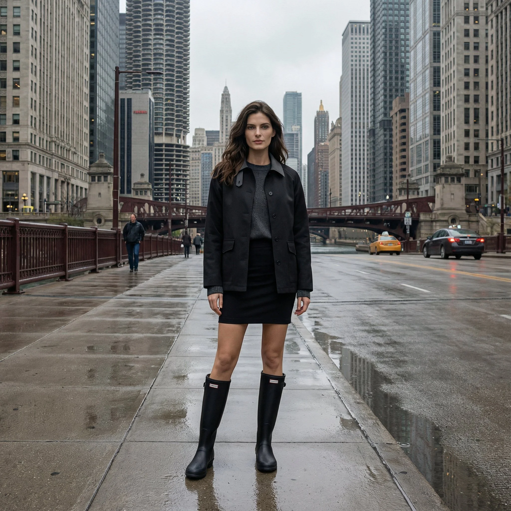 Brunette model standing on a rainy Chicago city street wearing a black rain jacket, black mini skirt and black rain boot