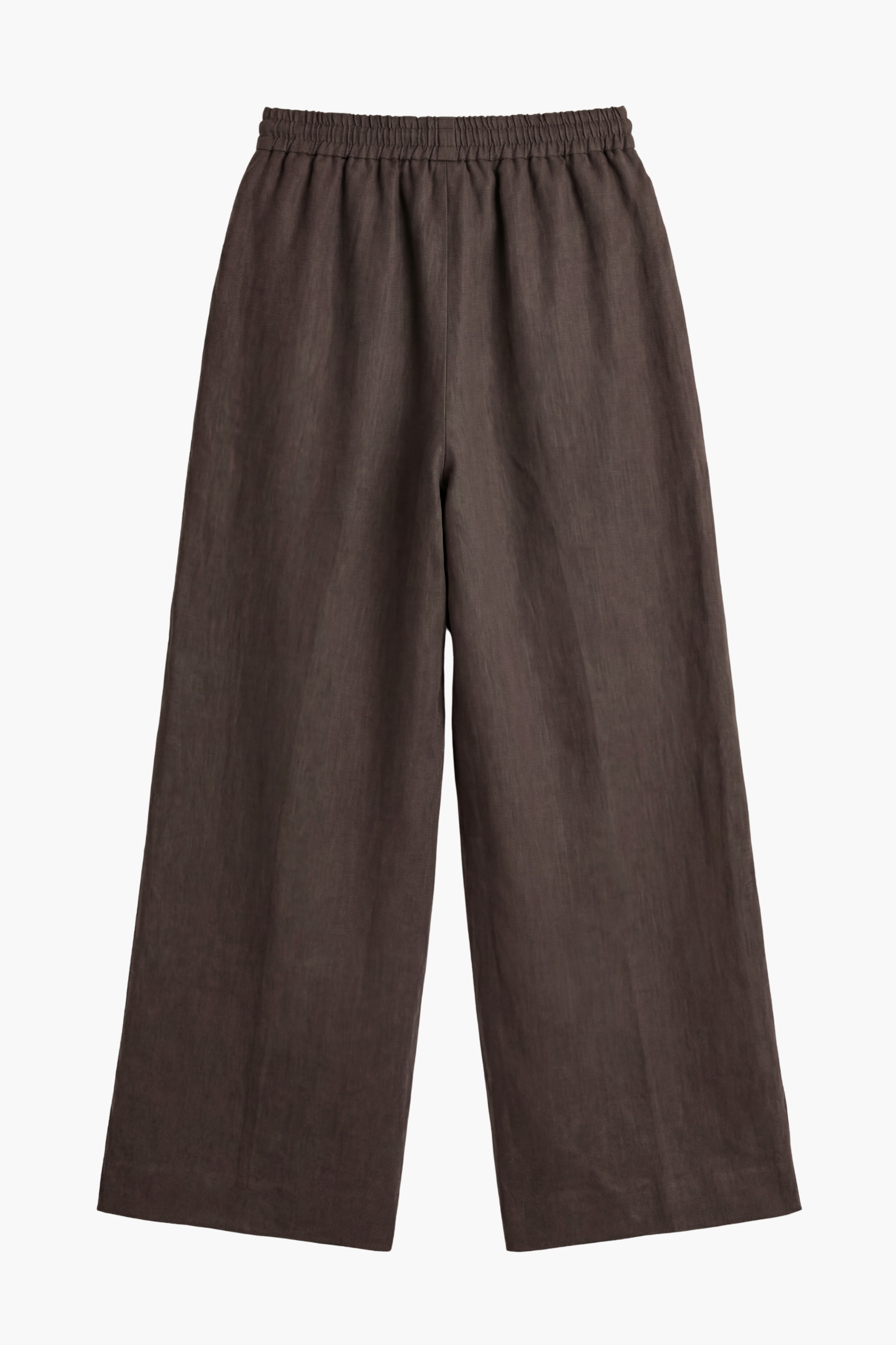 Back side of chocolate brown linen pant with drawstring waistband