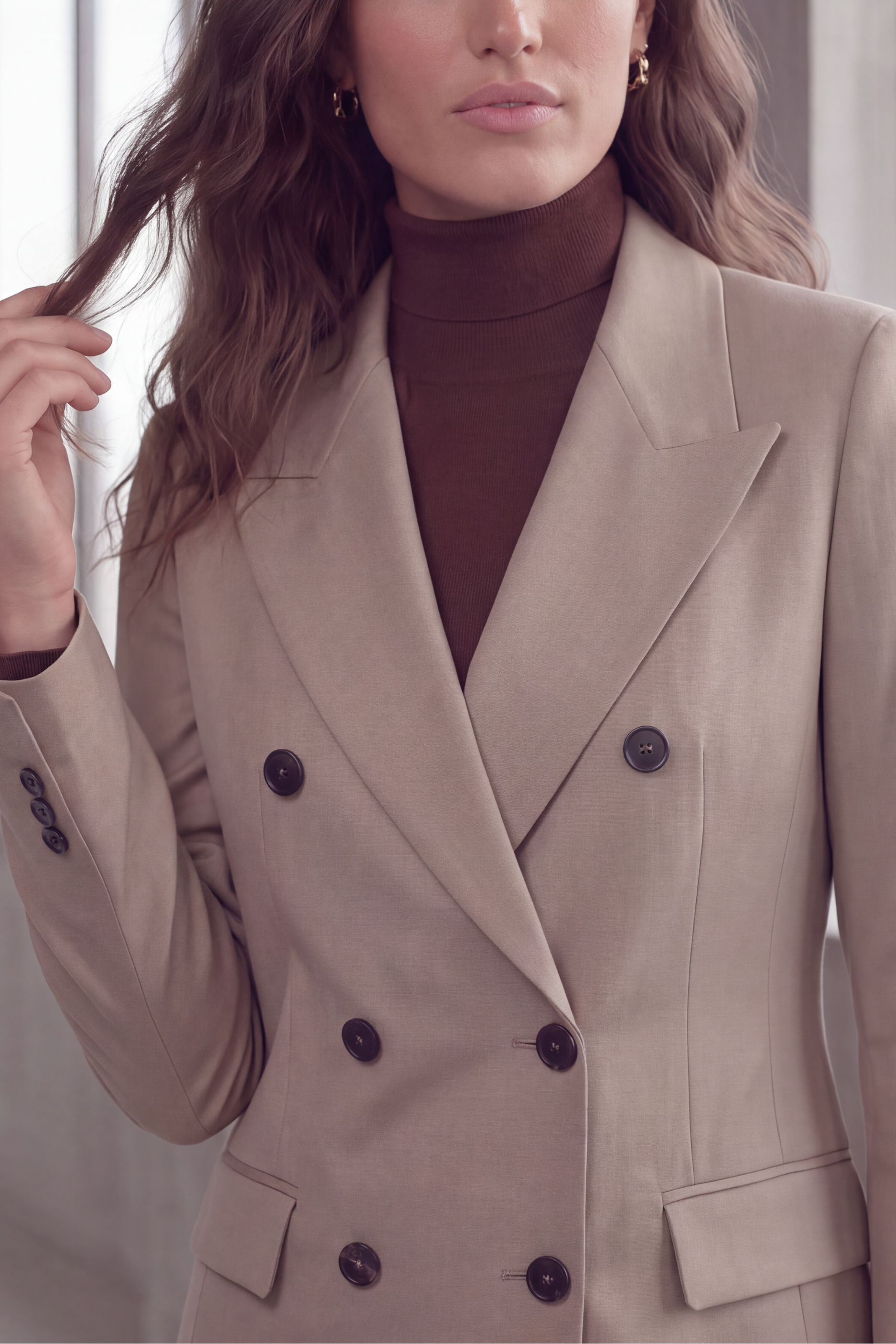 Close up image of model wearing a tan double breasted jacket and brown turtleneck