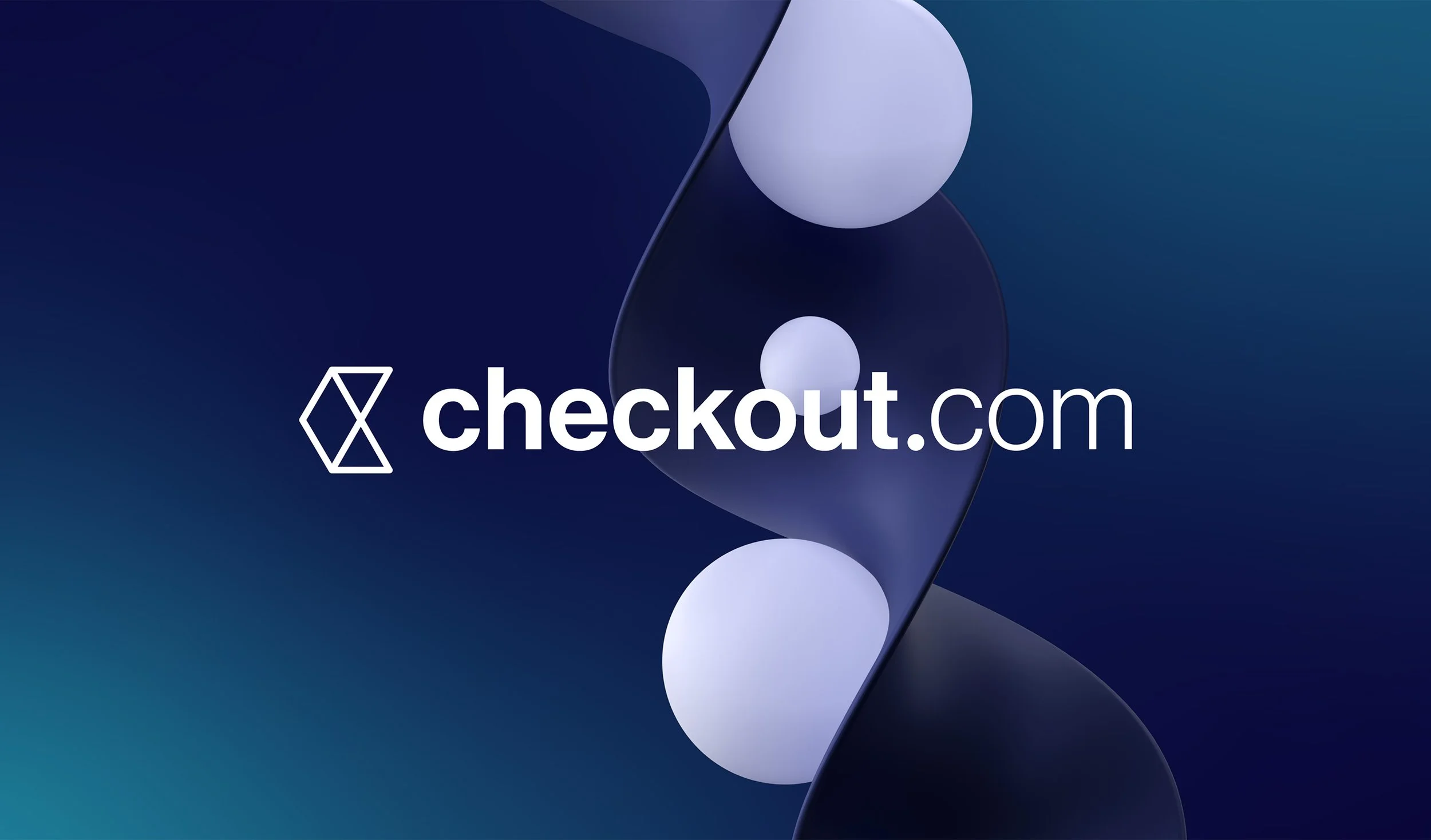 Brand logo for checkout.com on a dark and abstract background with white spherical shapes.